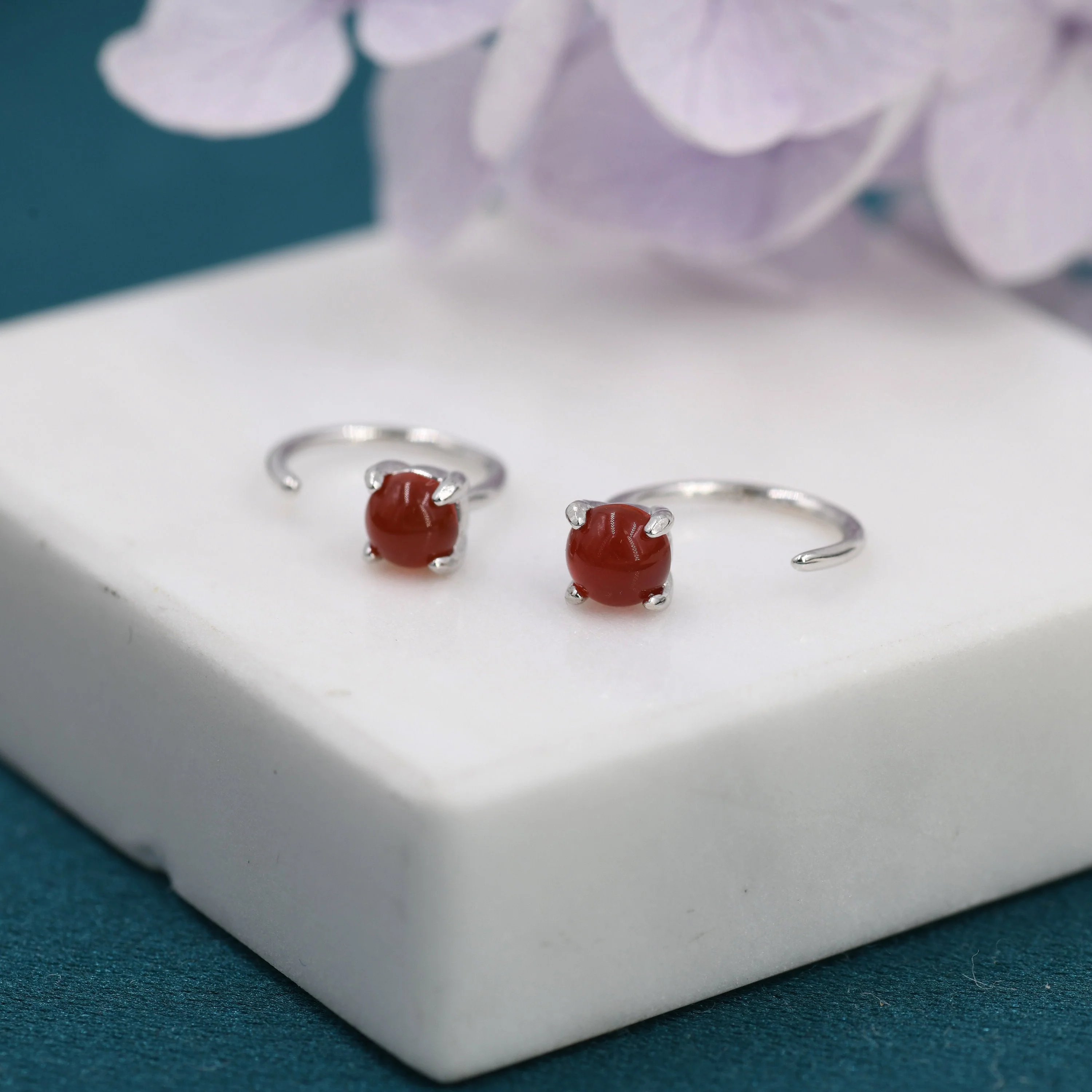 Genuine Red Carnelian Huggie Hoop Earrings in Sterling Silver, 3mm Natural Red Onyx Open Hoops, Pull Through Threaders, Half Hoops, C Shape - Image 5