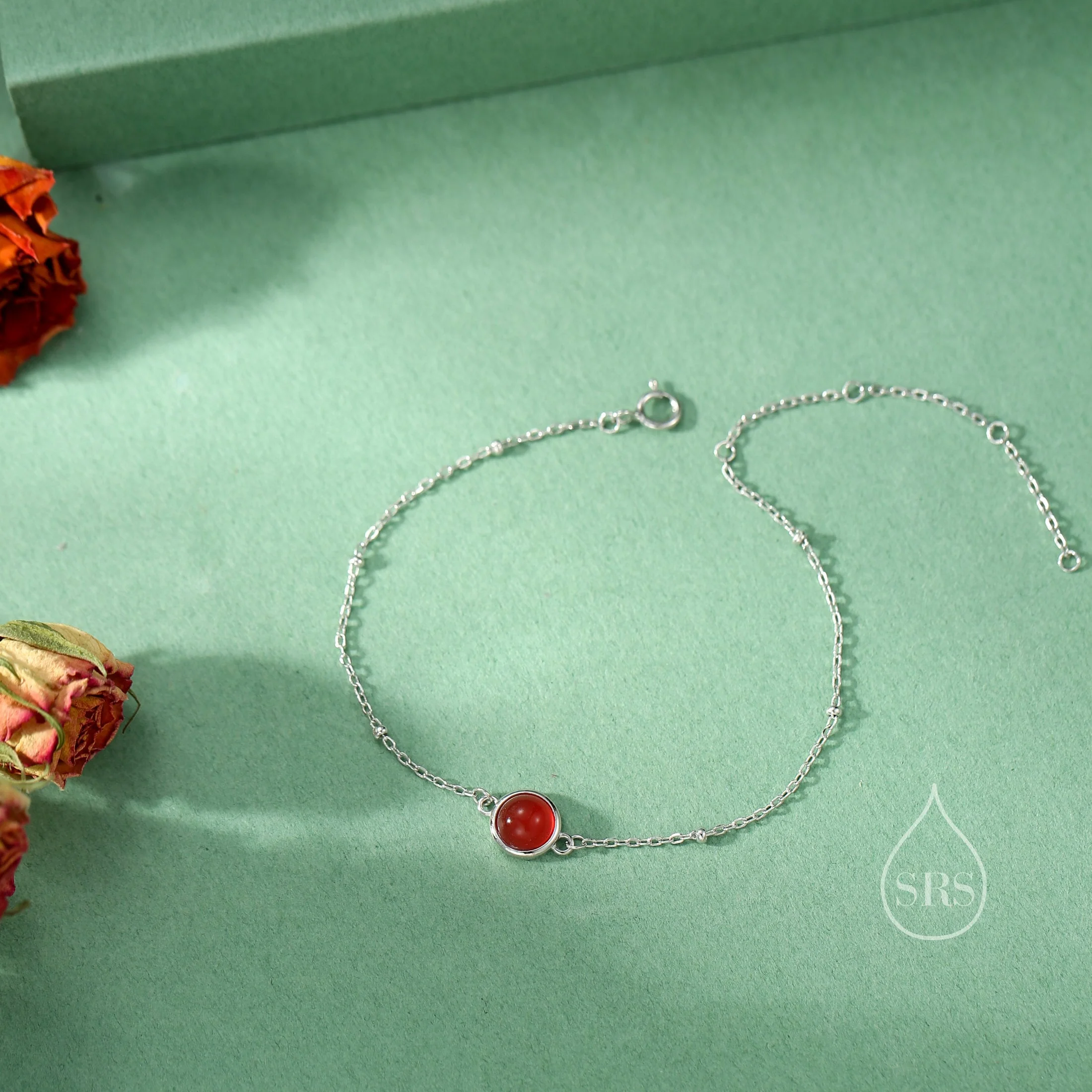 Genuine Red Onyx Bracelet in Sterling Silver, Natural Red Onyx Bracelet, Silver Single Red Carnelian Bracelet with Satellite Chain - Image 6