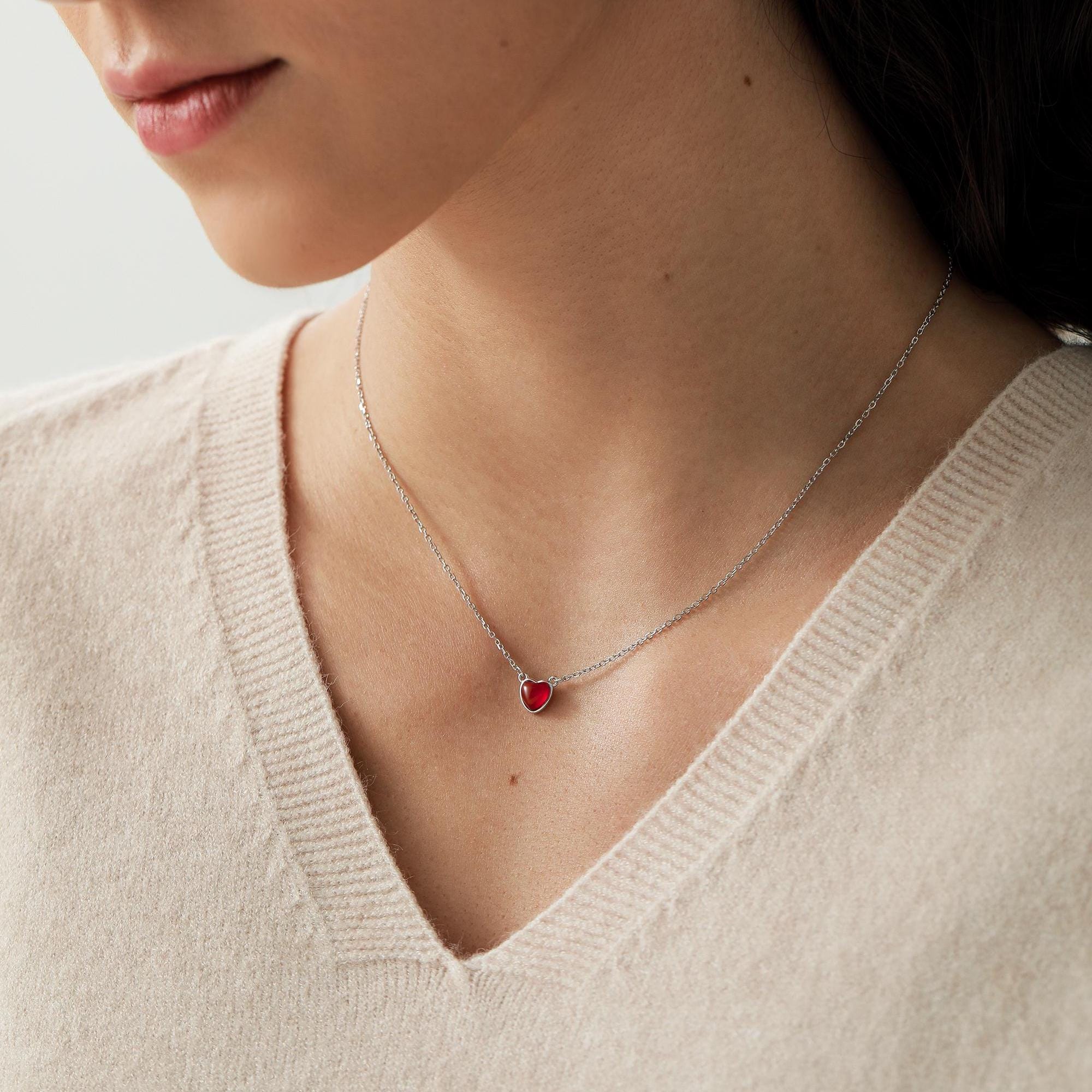 Genuine Red Onyx Heart Pendant Necklace in Sterling Silver