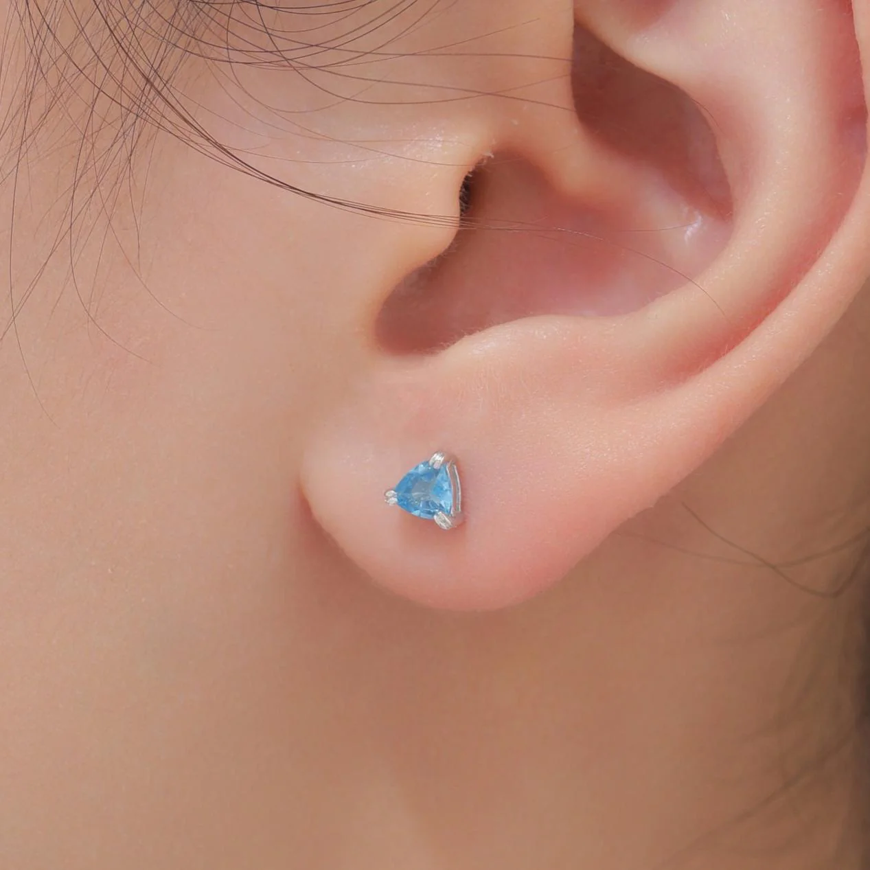 Genuine Swiss Blue Topaz Stud Earrings in Sterling Silver, 4mm Tiny Topaz Earrings, Trillion Cut Natural Swiss Blue Topaz Earrings - Image 6