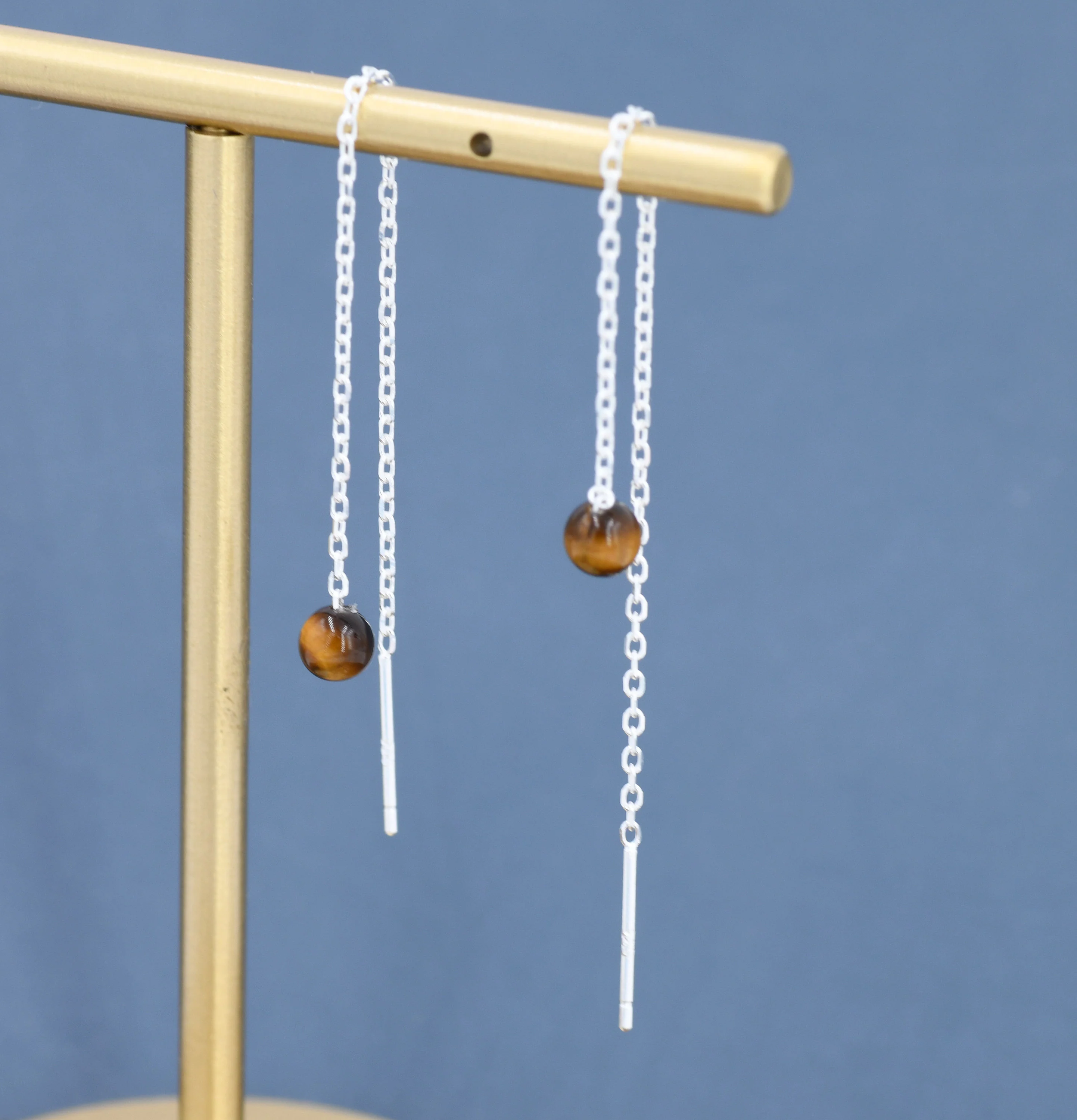 Genuine Tiger's Eye Gemstone Threader Earrings in Sterling Silver, 8cm Ear Threaders, Natural Semi Precious Gemstone Ear Threaders - Image 2
