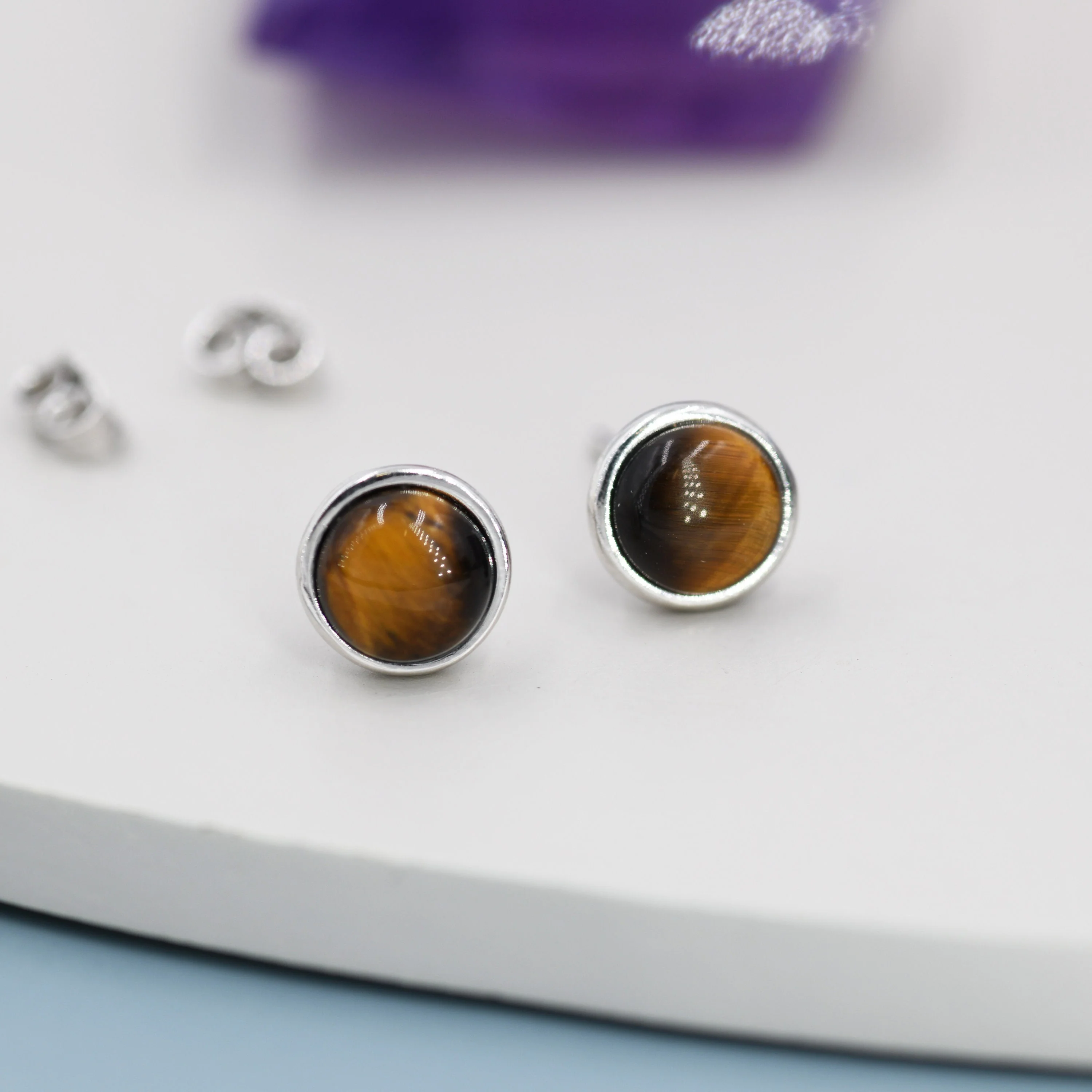 Genuine Tiger's Eye Stud Earrings in Sterling Silver, 6mm, Cabochon Bezel Stud Earrings, Tiger Eye Stone Earrings