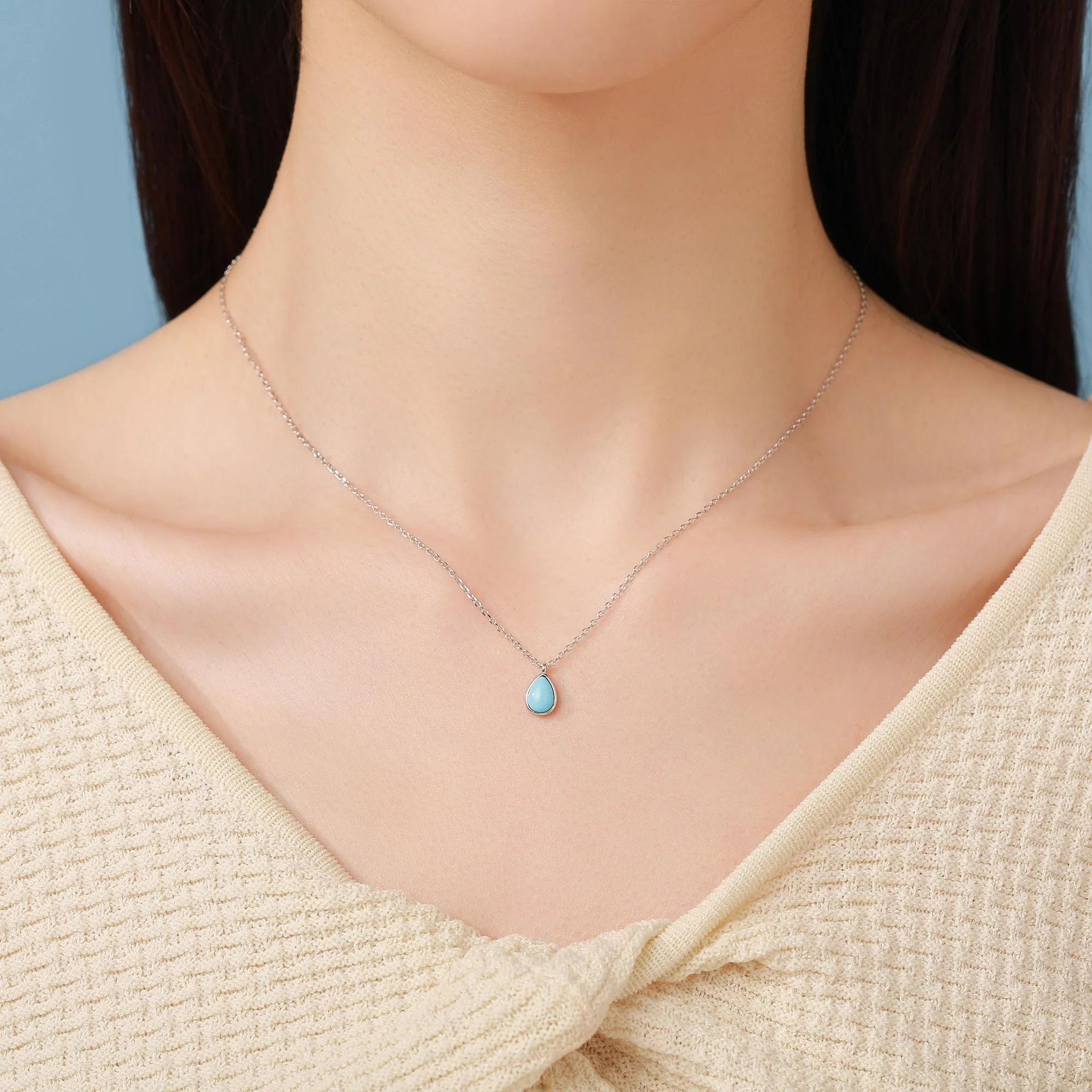Genuine Tiny Blue Turquoise Pear Necklace in Sterling Silver, Droplet Cabochon Natural Turquoise Pendant Necklace - Image 2
