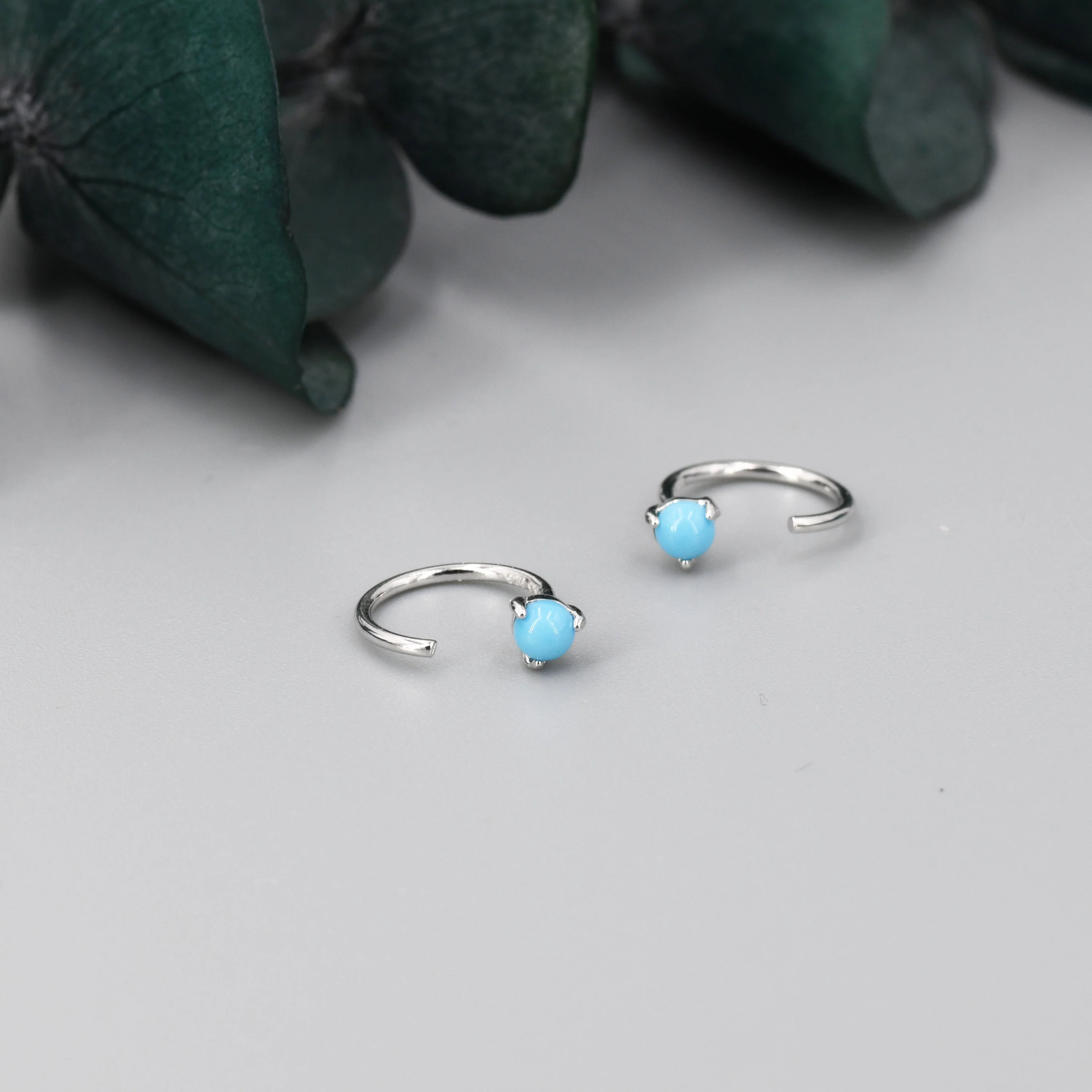 Genuine Turquoise Threader Hoop Earrings in Sterling Silver, Blue Turquoise or Green Turquoise Huggie Hoops, Turquoise Open Hoop Earrings - Image 5