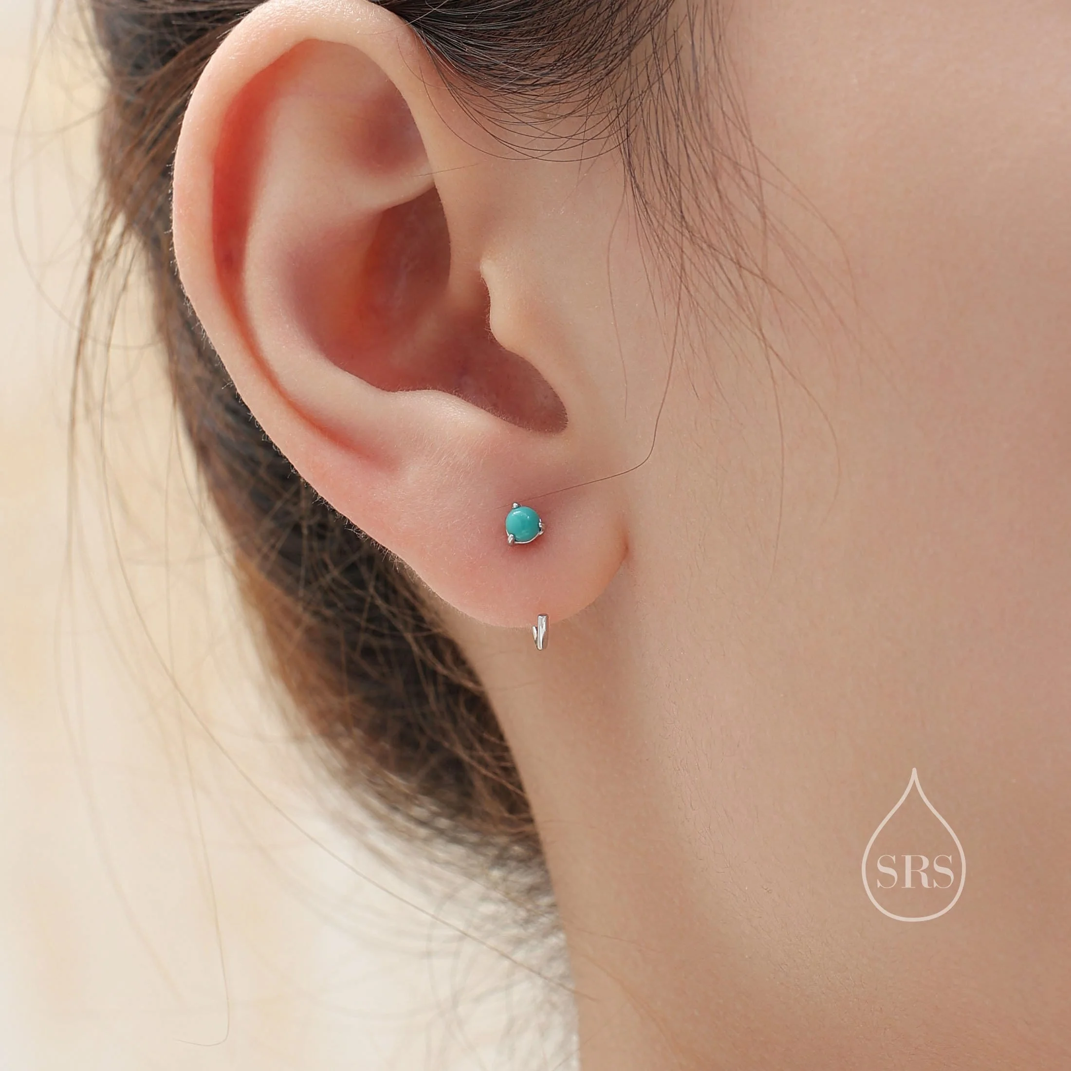 Genuine Turquoise Threader Hoop Earrings in Sterling Silver, Blue Turquoise or Green Turquoise Huggie Hoops, Turquoise Open Hoop Earrings - Image 8