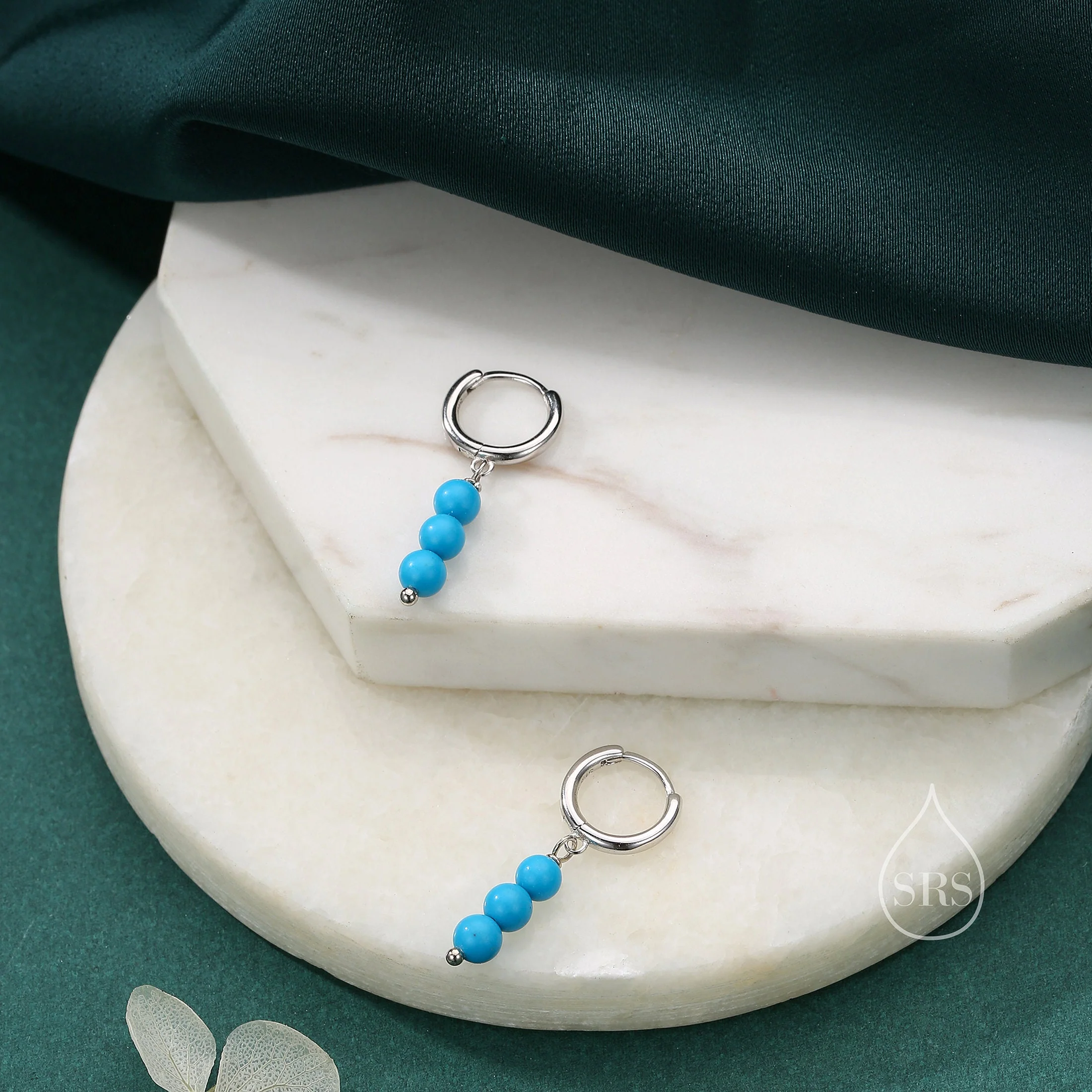 Genuine Turquoise Trio Huggie Hoop Earrings in Sterling Silver, Silver or Gold, Blue Turquoise Cluster Dangle Earrings, Three Turquoise Hoop - Image 5