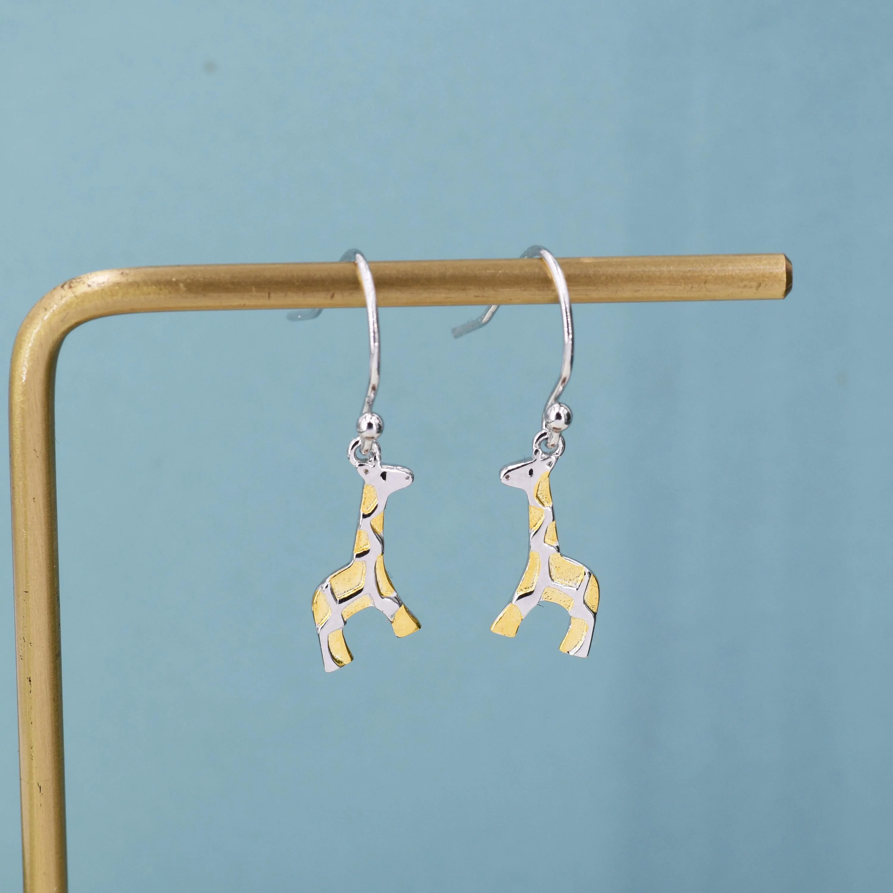Giraffe Drop Hook Earrings in Sterling Silver, Two Tone Finish, Giraffe Dangle Earrings, Giraffe Drop Earrings