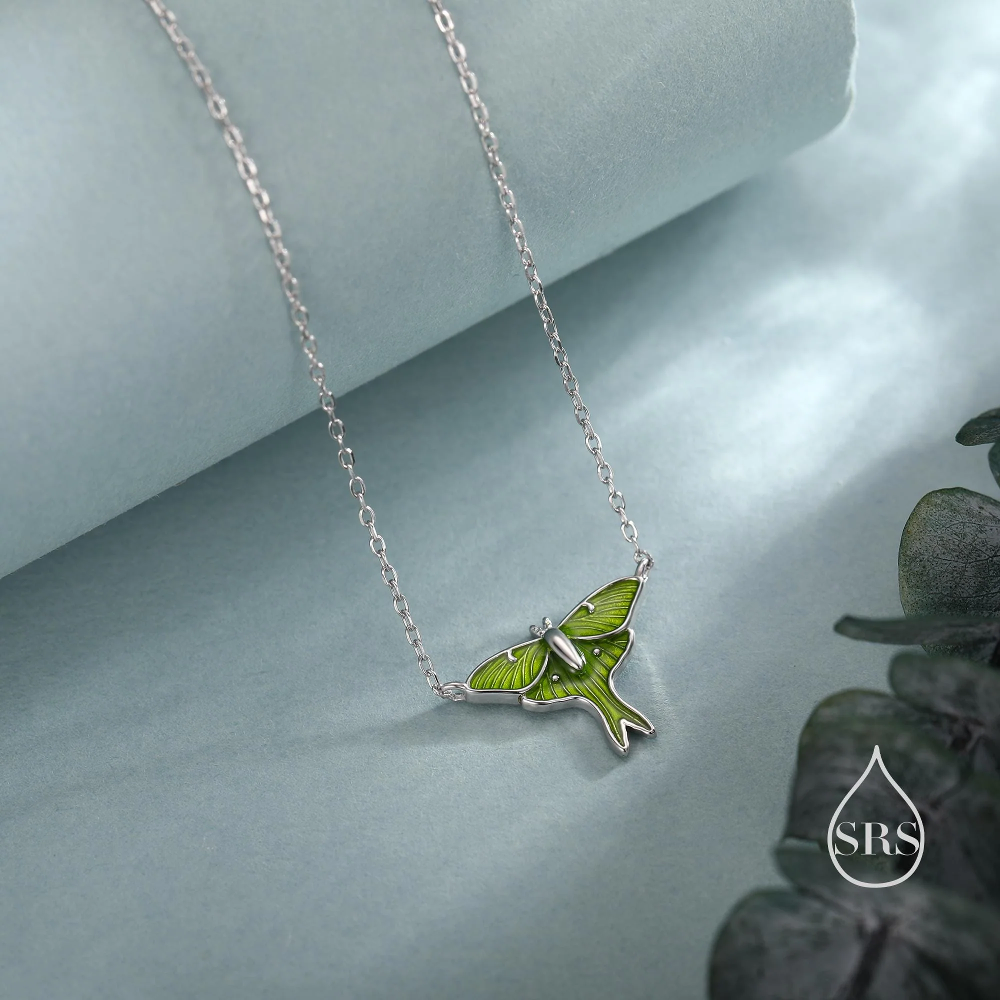 Green Enamel Lunar Moth Pendant Necklace in Sterling Silver, Moth Necklace, Silver Butterfly Necklace, Nature Inspired Animal Jewellery - Image 3