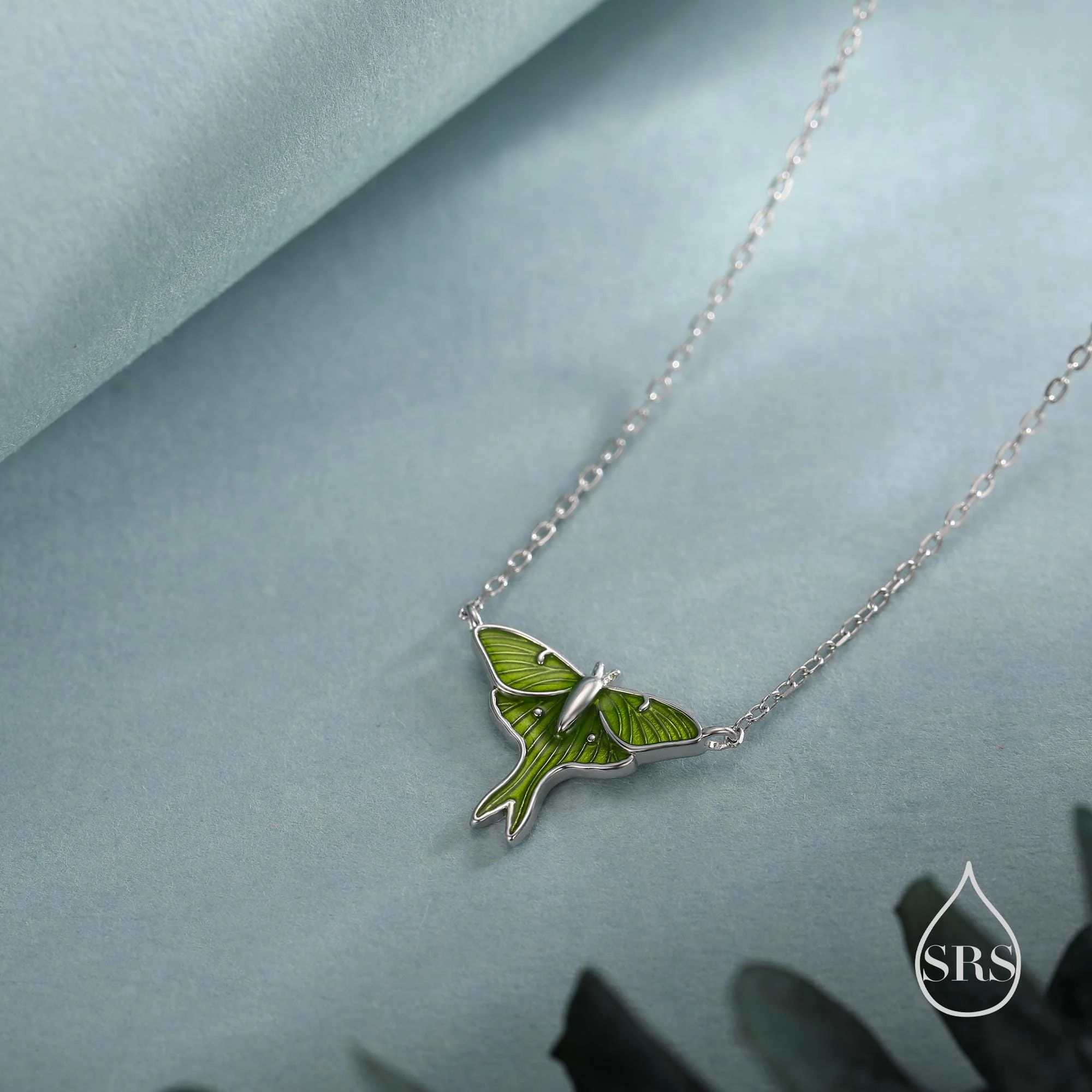 Green Enamel Lunar Moth Pendant Necklace in Sterling Silver, Moth Necklace, Silver Butterfly Necklace, Nature Inspired Animal Jewellery - Image 4