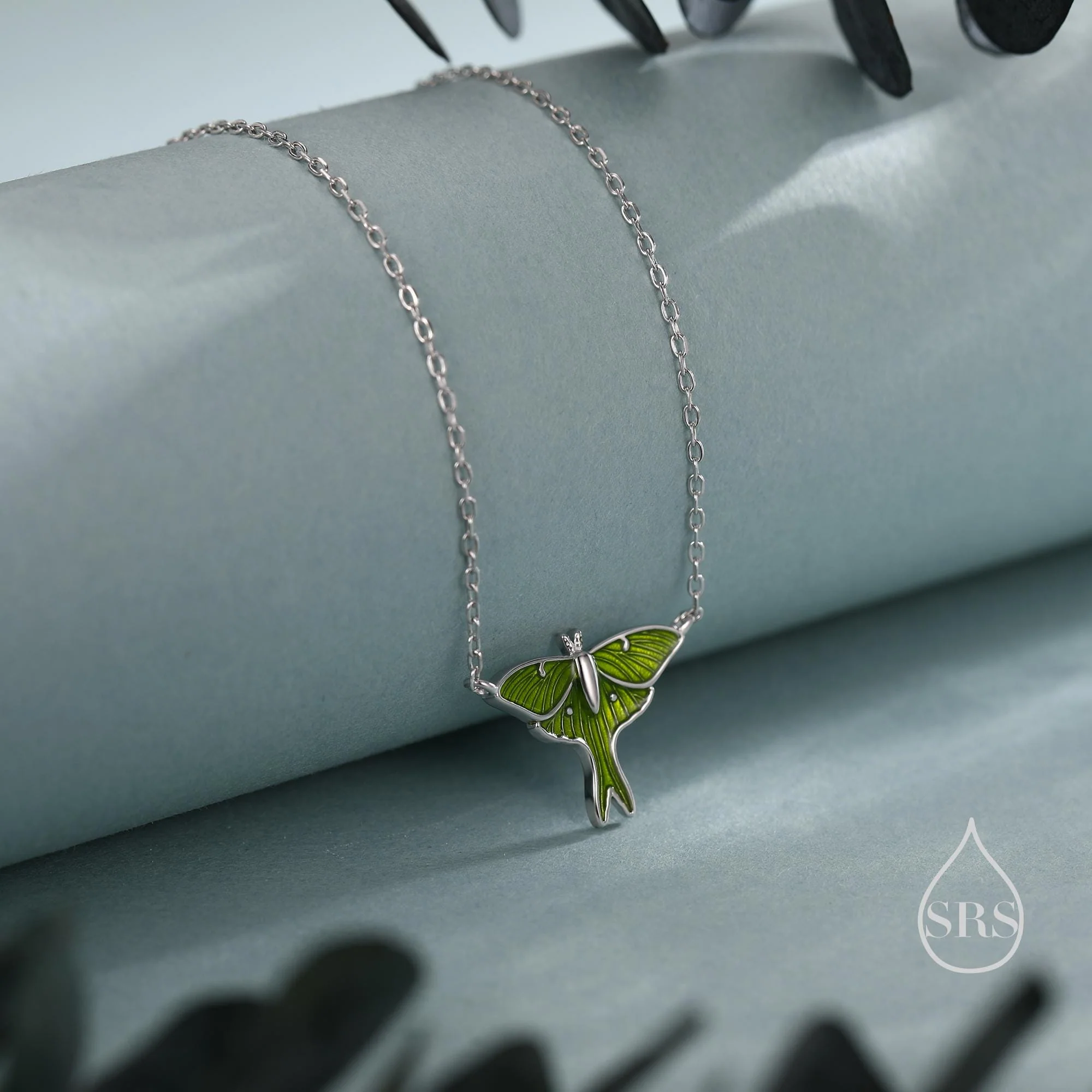 Green Enamel Lunar Moth Pendant Necklace in Sterling Silver, Moth Necklace, Silver Butterfly Necklace, Nature Inspired Animal Jewellery - Image 5