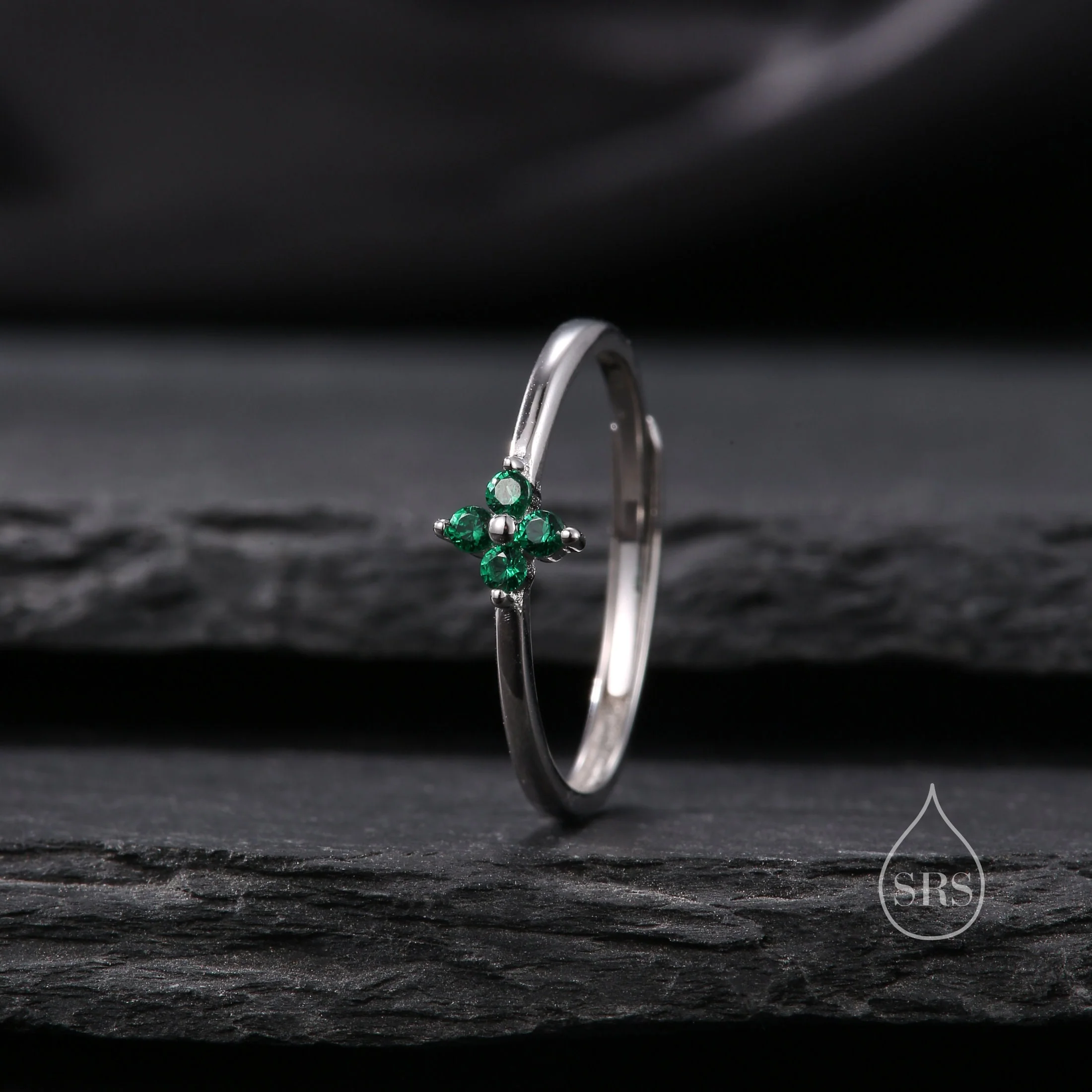Green Hydrangea CZ Flower Minimalist Ring in Sterling Silver, Four Crystal Flower Ring, Tiny CZ Ring, Adjustable Size - Image 3