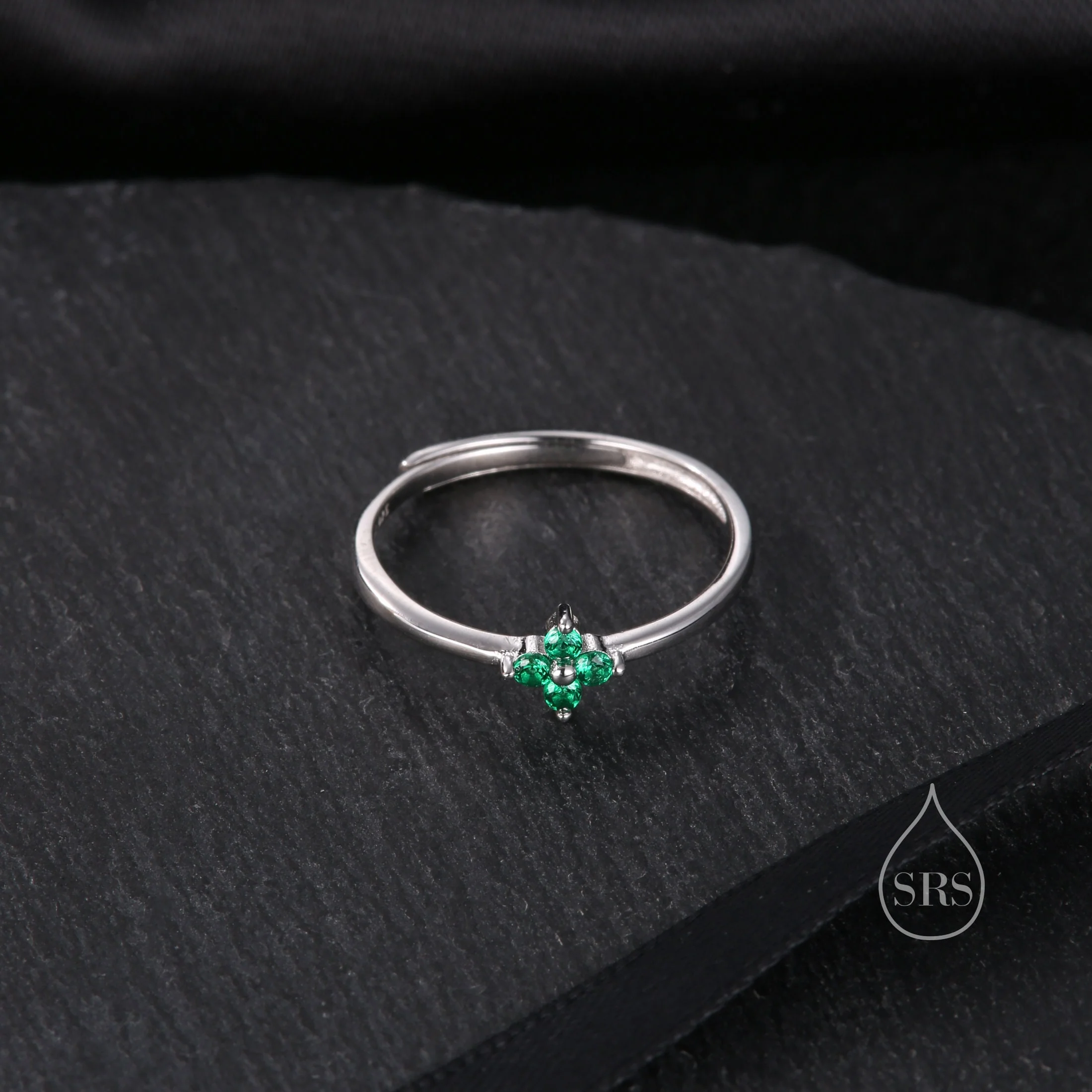 Green Hydrangea CZ Flower Minimalist Ring in Sterling Silver, Four Crystal Flower Ring, Tiny CZ Ring, Adjustable Size - Image 4