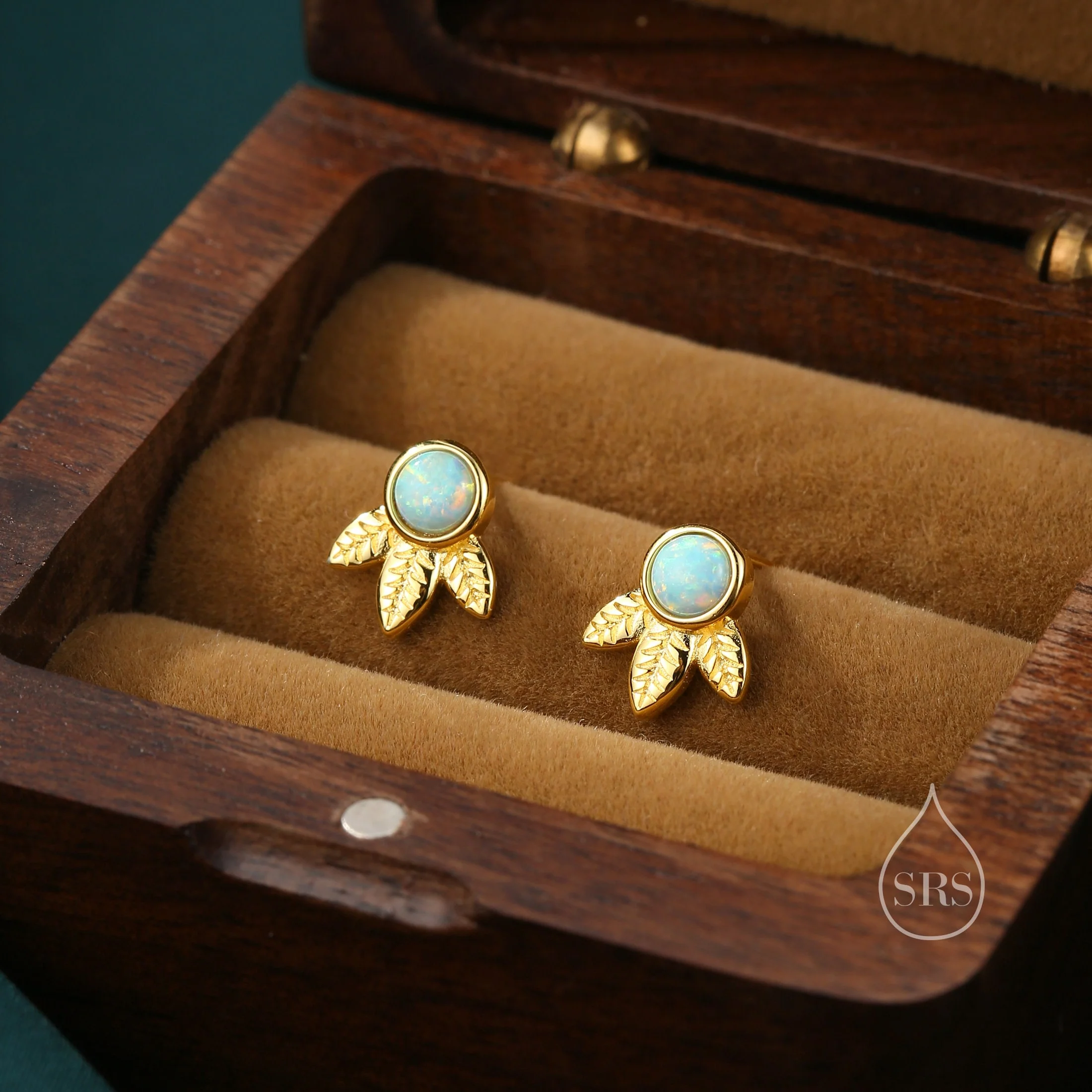 Green Opal and Leaf Motif Stud Earrings in Sterling Silver, Lab Opal Leaf Earrings, Fire Opal Tree Earrings - Image 2