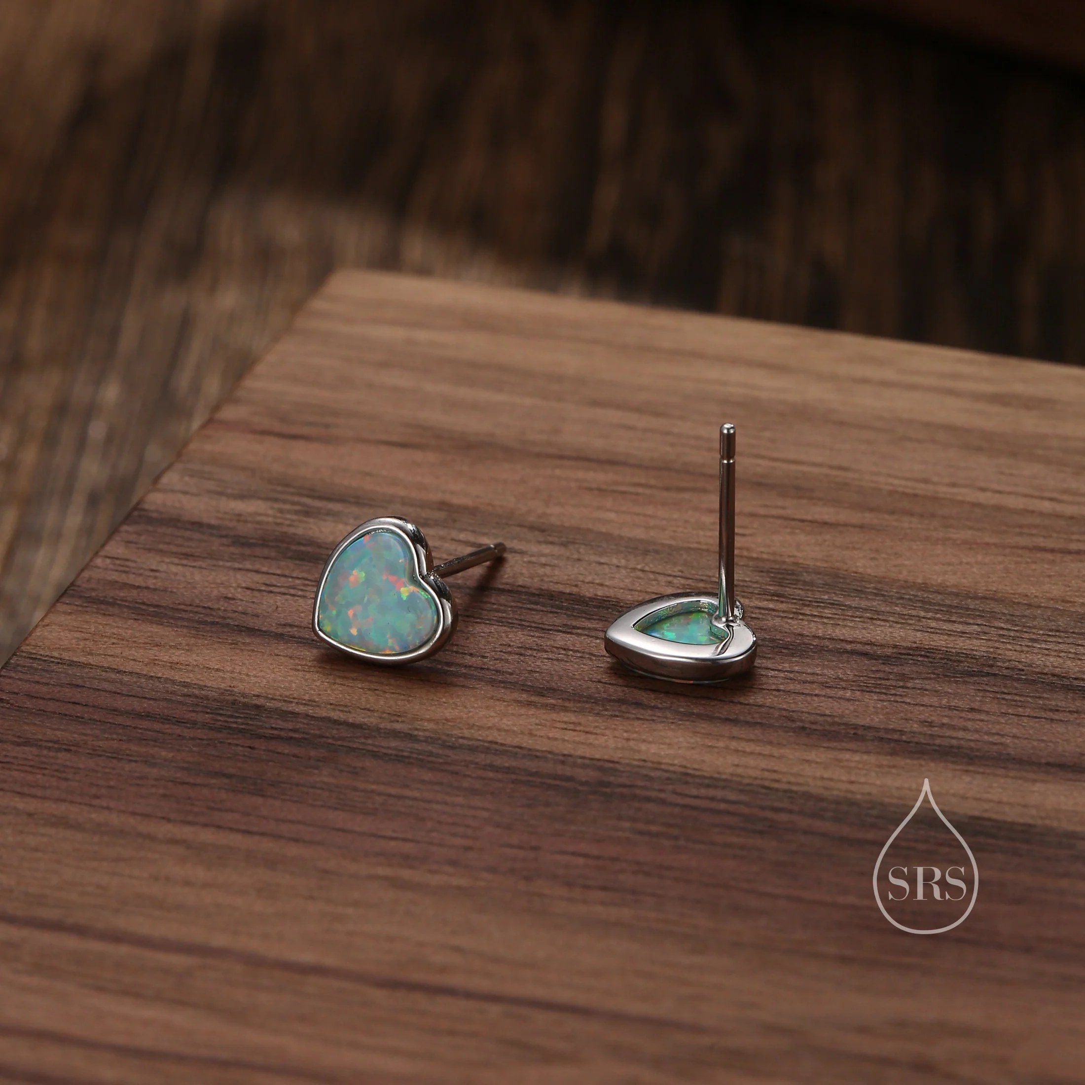 Green Opal Heart Stud Earrings in Sterling Silver, Lab Opal Heart Earrings, Silver or Gold or rose gold, Delicate Auqa Blue Opal Earrings - Image 2