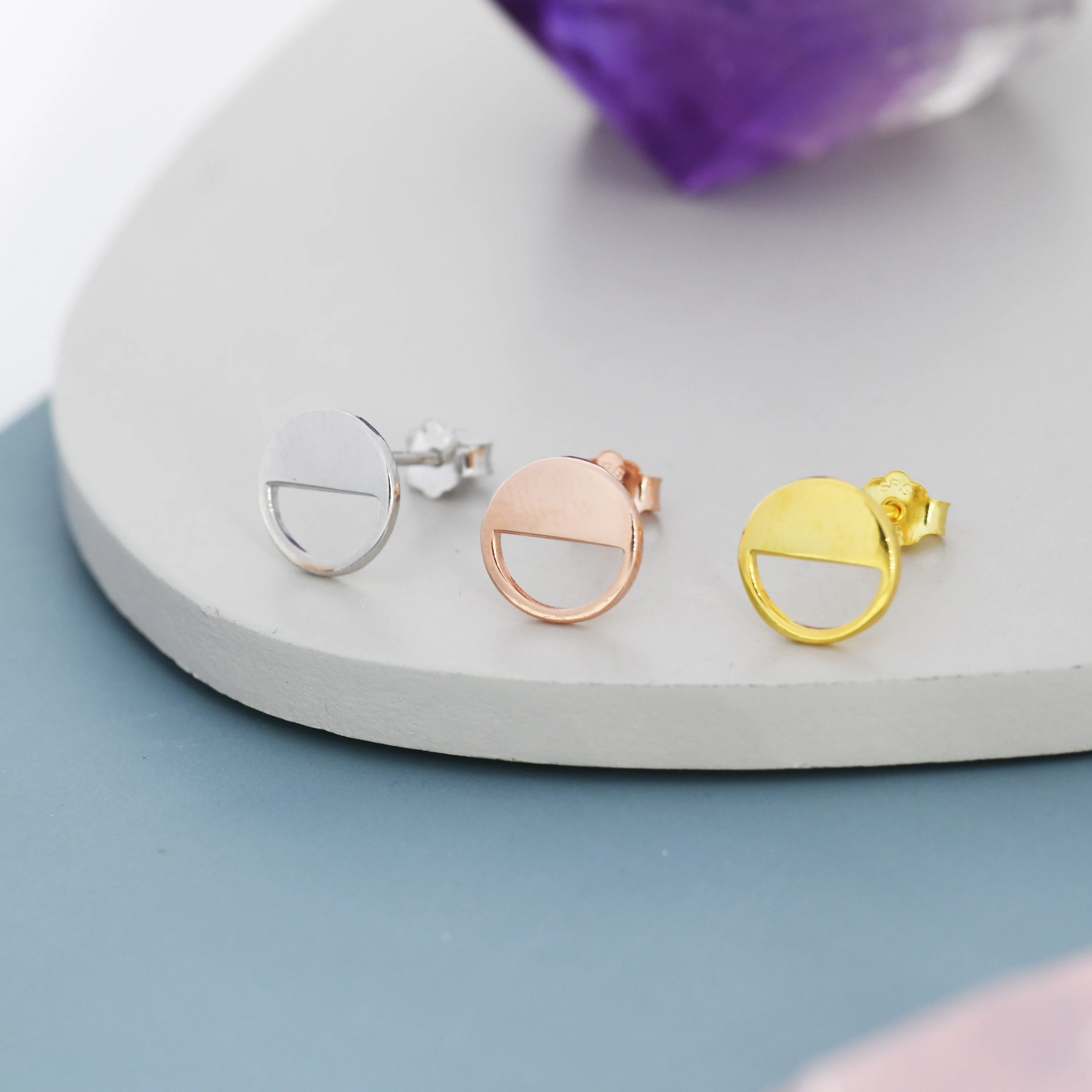 Half Circle Stud Earrings in Sterling Silver, Silver, Gold or Rose Gold over Sterling Silver, Geometric Open Circle Earrings, Semi Circle - Image 8