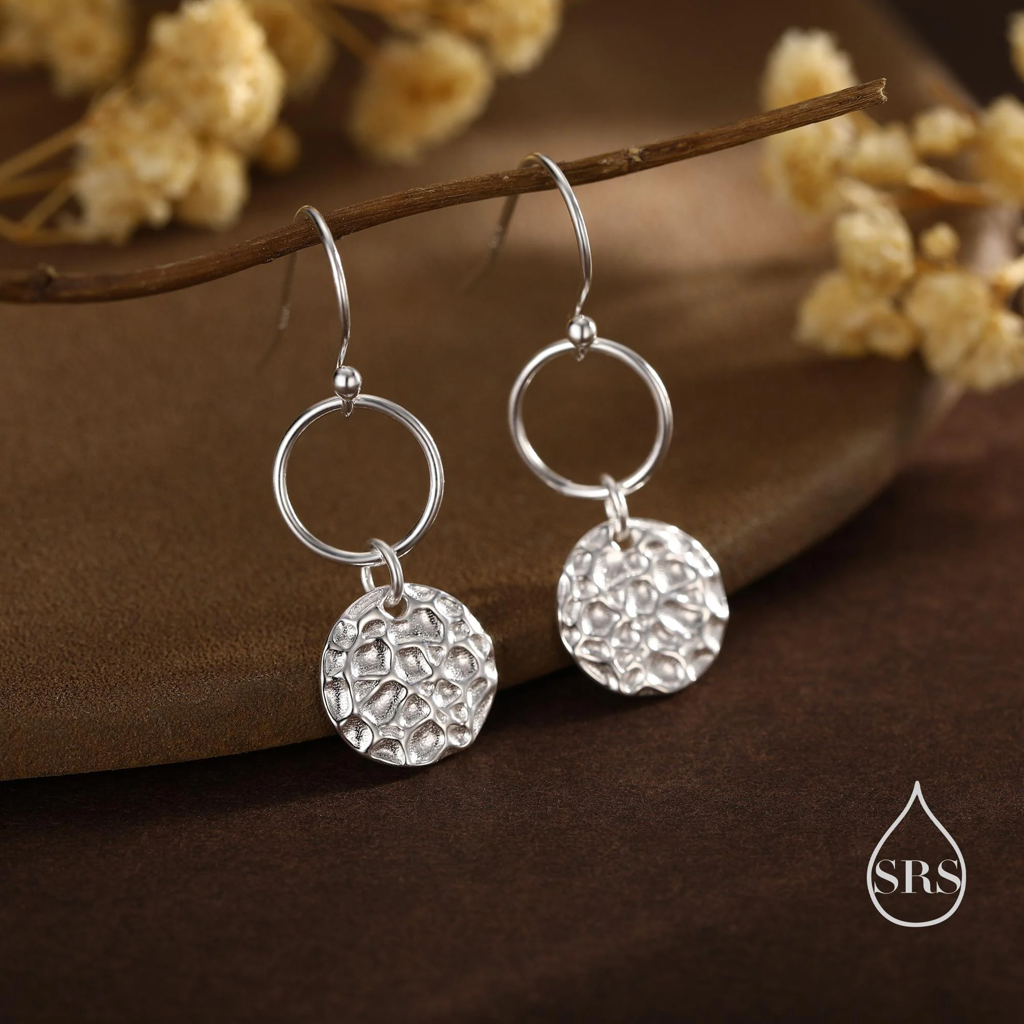 Hammered Disks and Circle Dangle Drop Earrings in Sterling Silver, Silver, Gold or Rose Gold, Minimalist Hammered Disk Earrings - Image 2