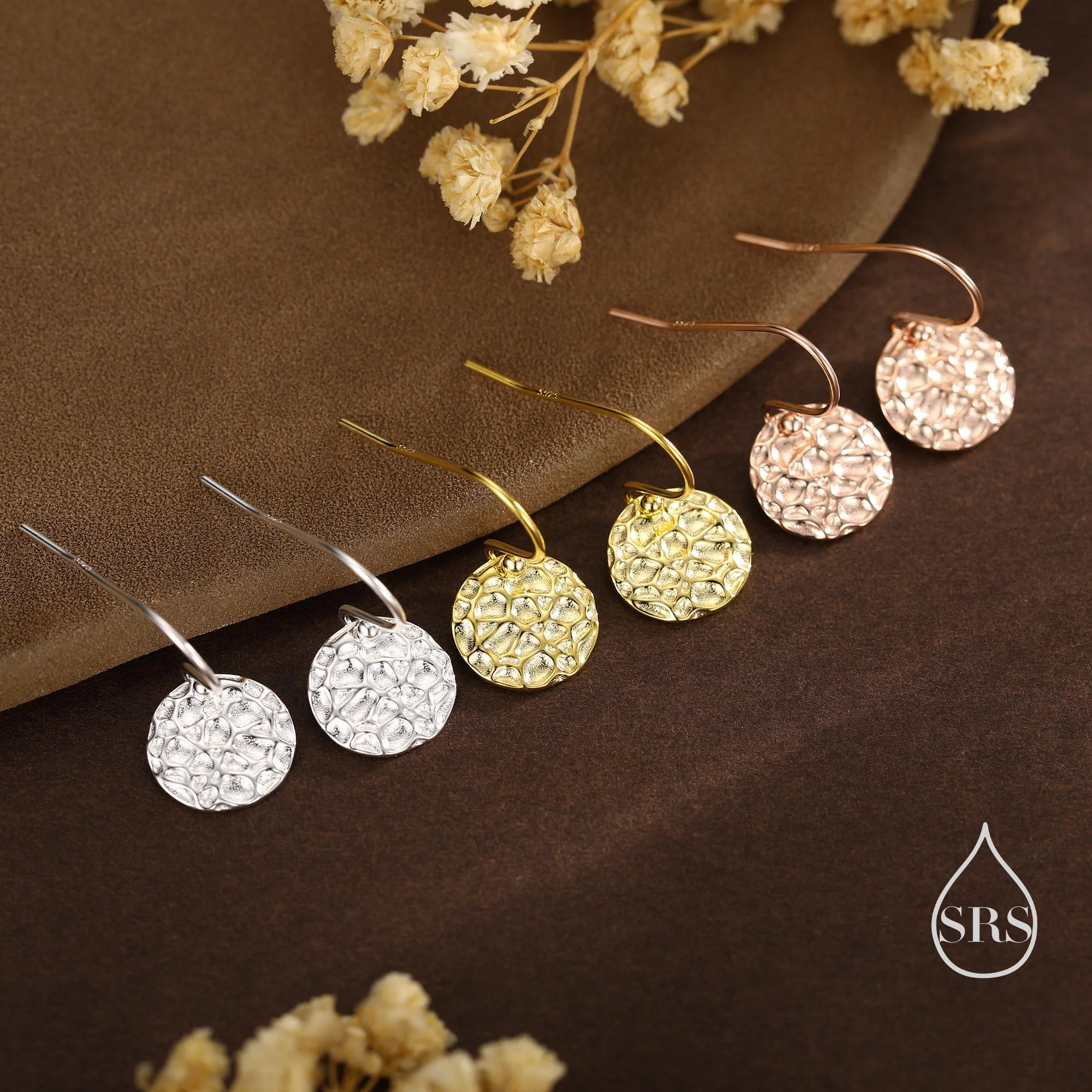 Hammered Disks Dangle Drop Earrings in Sterling Silver, Silver or Gold or Rose Gold, Minimalist Hammered Disk Earrings - Image 7