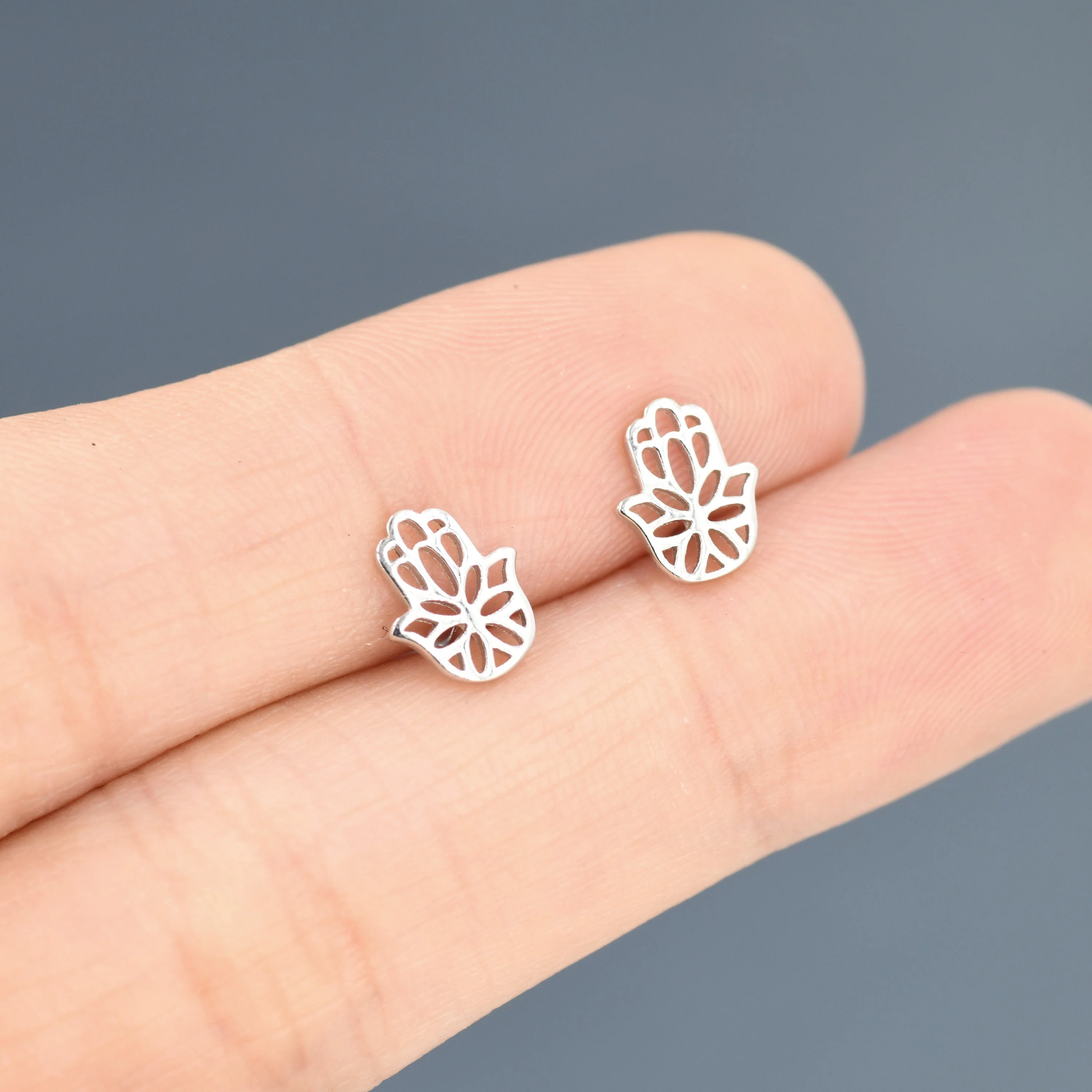 Hamsa Hand Stud Earrings in Sterling Silver, Silver or Gold, Evil Eye Earrings, Hand Earrings - Image 2