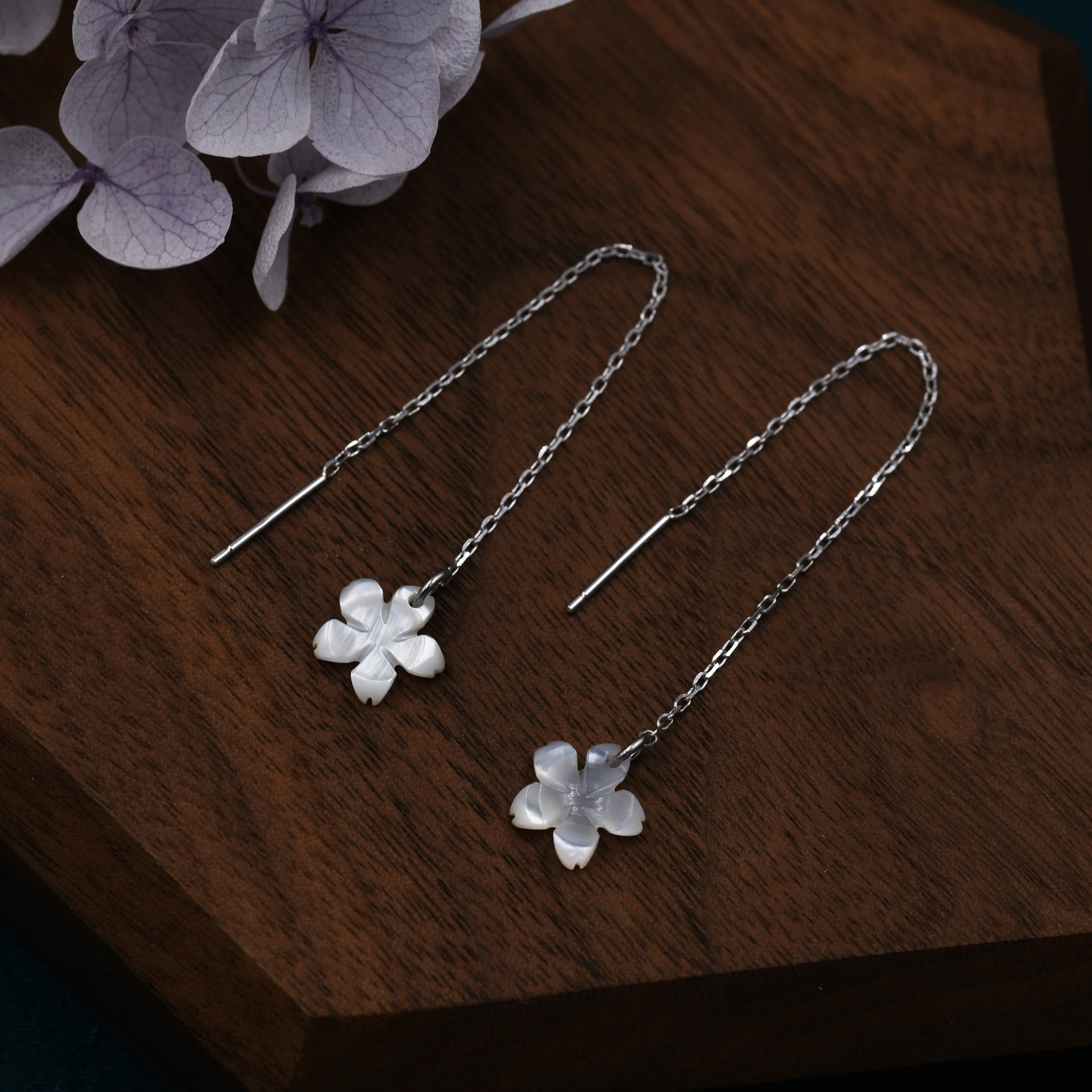 Hand Carved Mother of Pearl Cherry Blossom Threader Earrings in Sterling Silver, Apple Blossom Flower Ear Threaders - Dainty and Pretty - Image 4