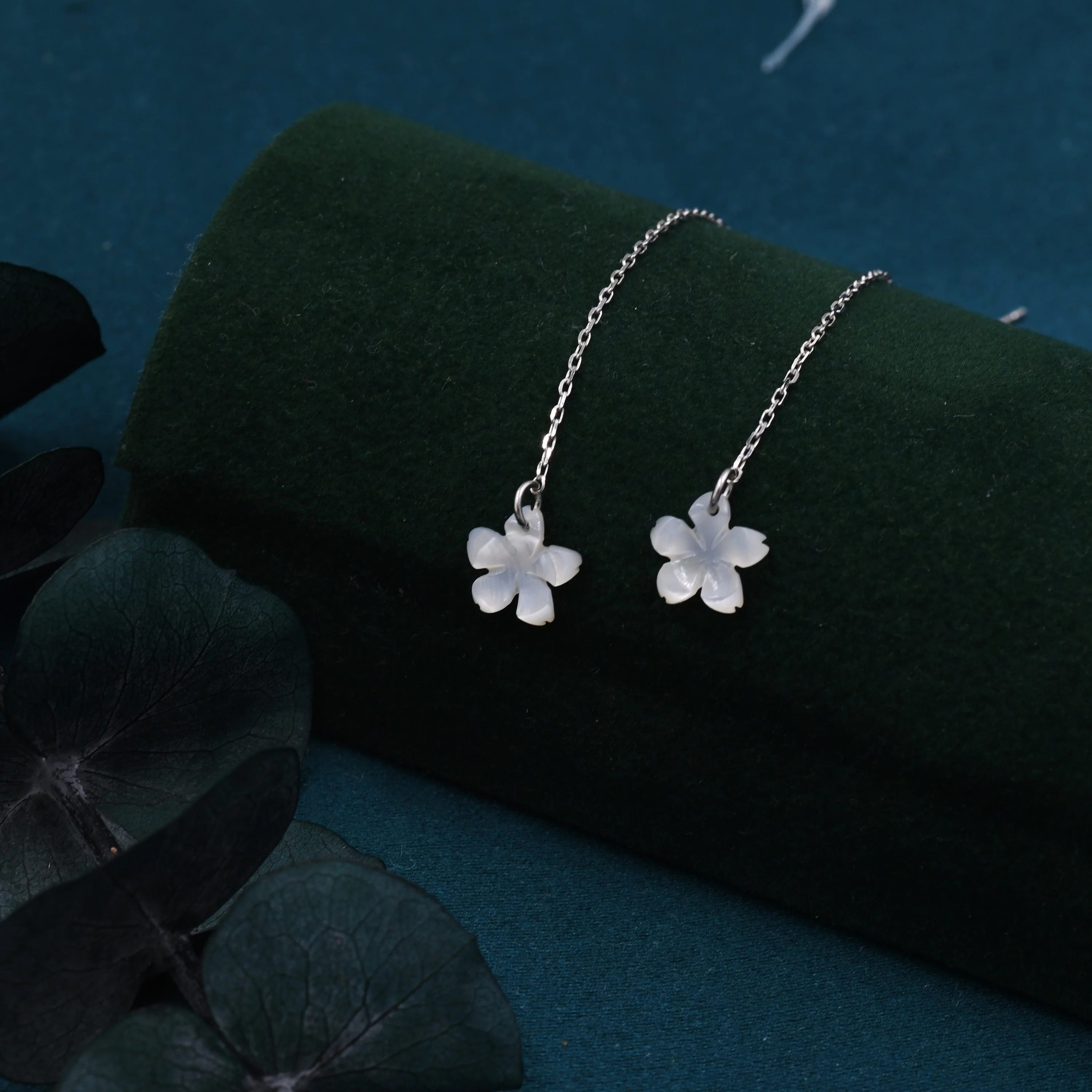 Hand Carved Mother of Pearl Cherry Blossom Threader Earrings in Sterling Silver, Apple Blossom Flower Ear Threaders - Dainty and Pretty - Image 5