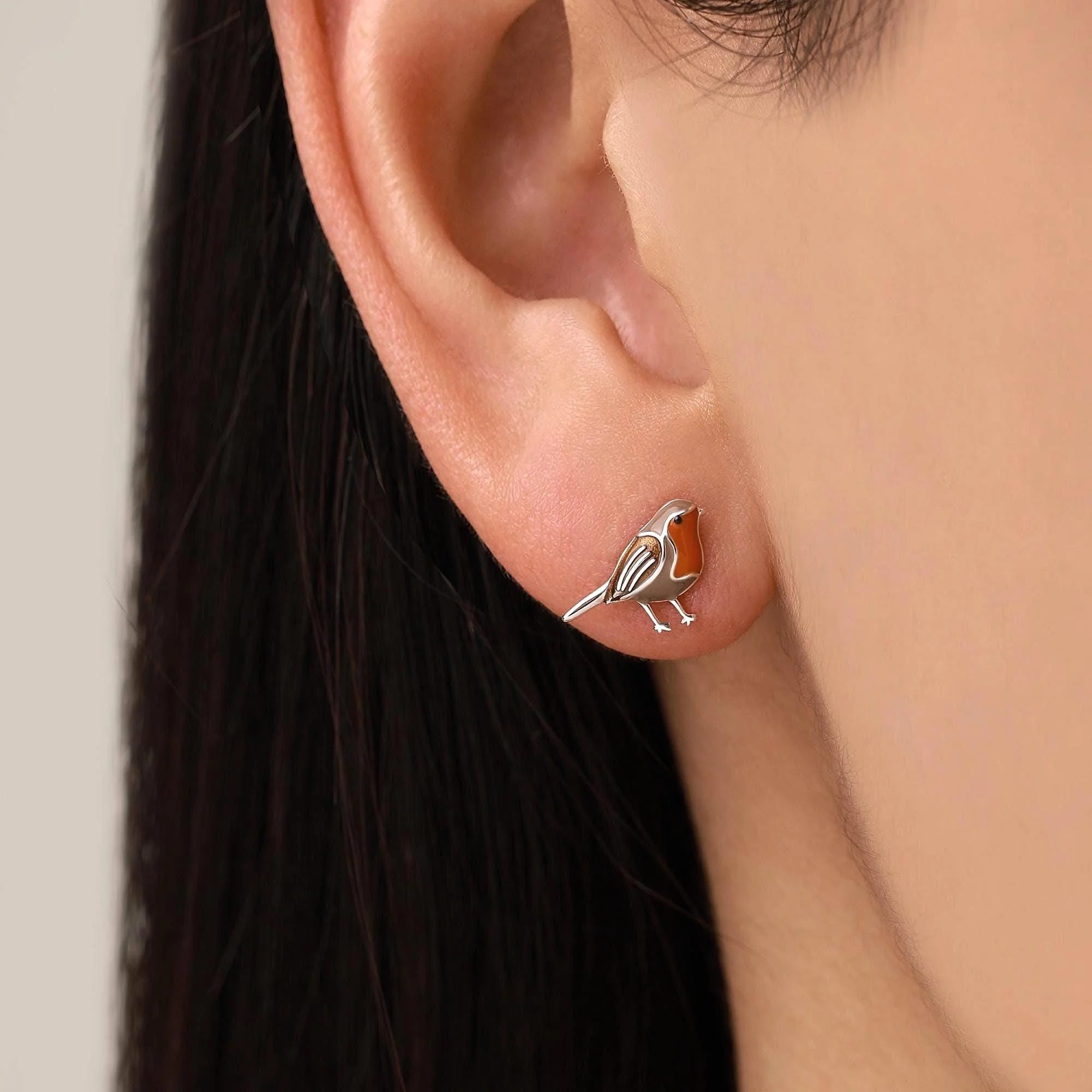 Hand Painted Enamel Robin Bird Stud Earrings in Sterling Silver, Silver or Gold, British Bird Earrings, Nature Inspired Animal Earrings - Image 2