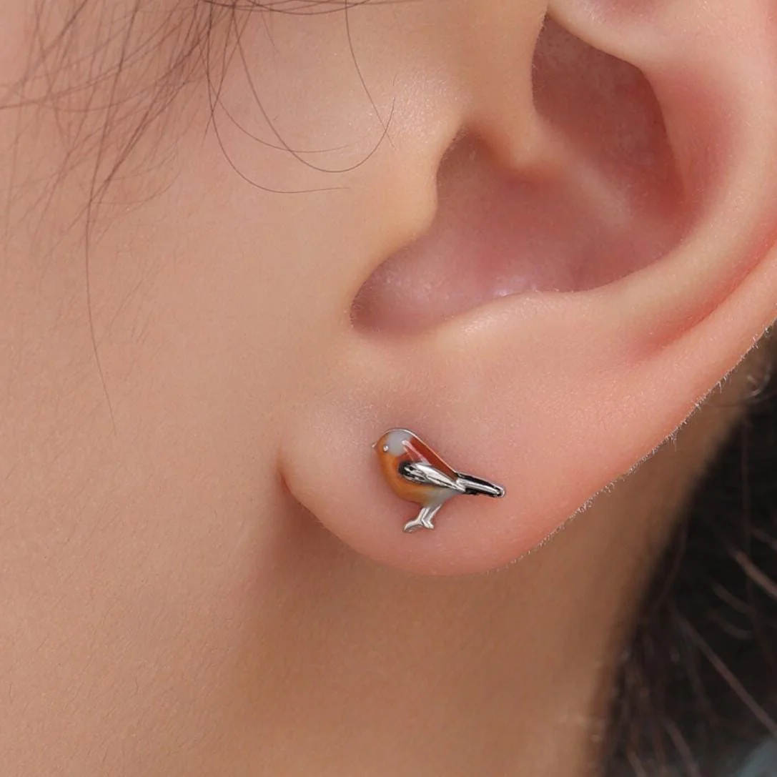 Hand Painted Robin Bird Stud Earrings in Sterling Silver, Dainty British Bird Earrings, Nature Inspired Animal Earrings - Image 2