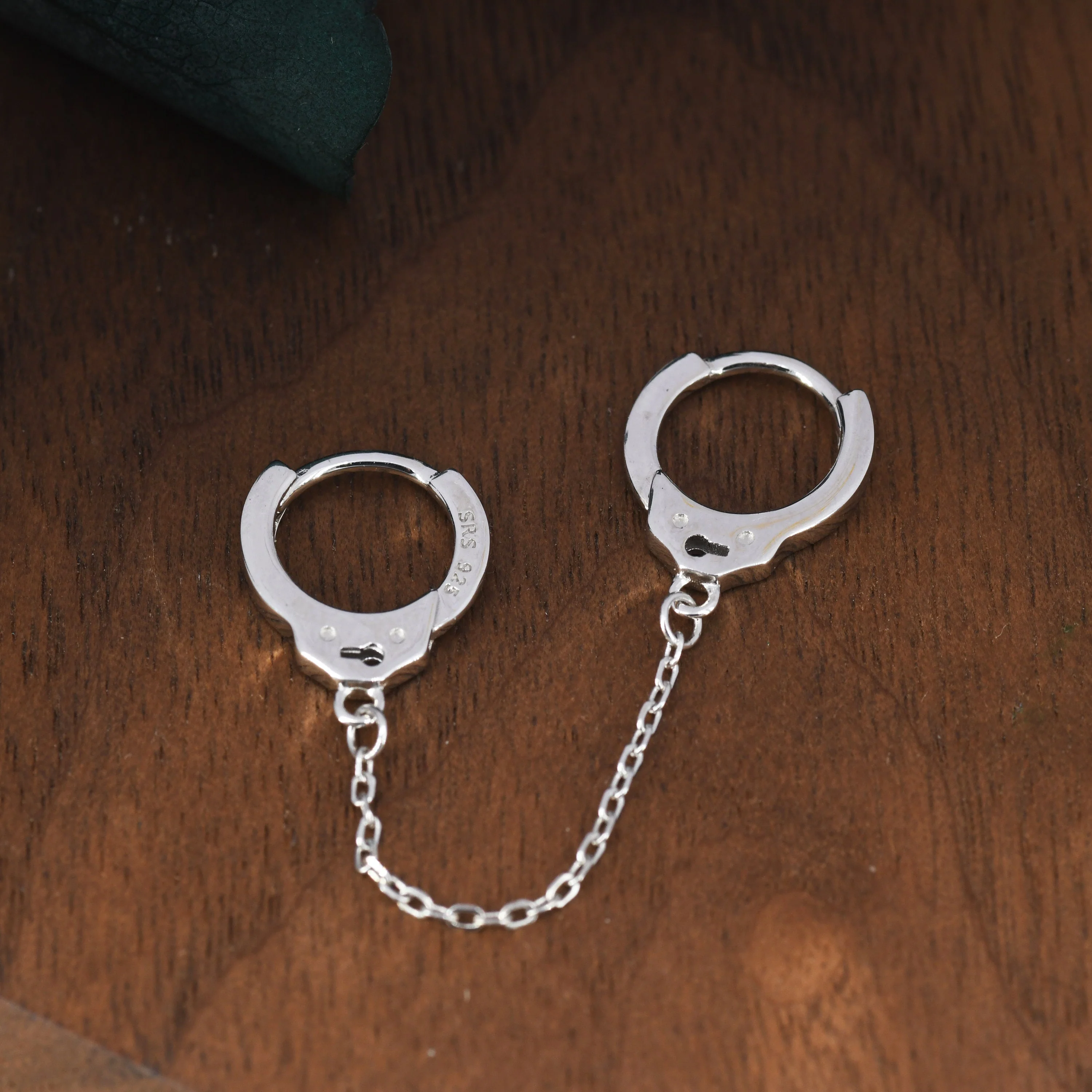 Handcuff Hoop Earrings with a Linking Chain, Silver or Gold, Chained Hoop Earrings, Linked Hoops, Linked Hoops, Double Piercing Earrings - Image 8