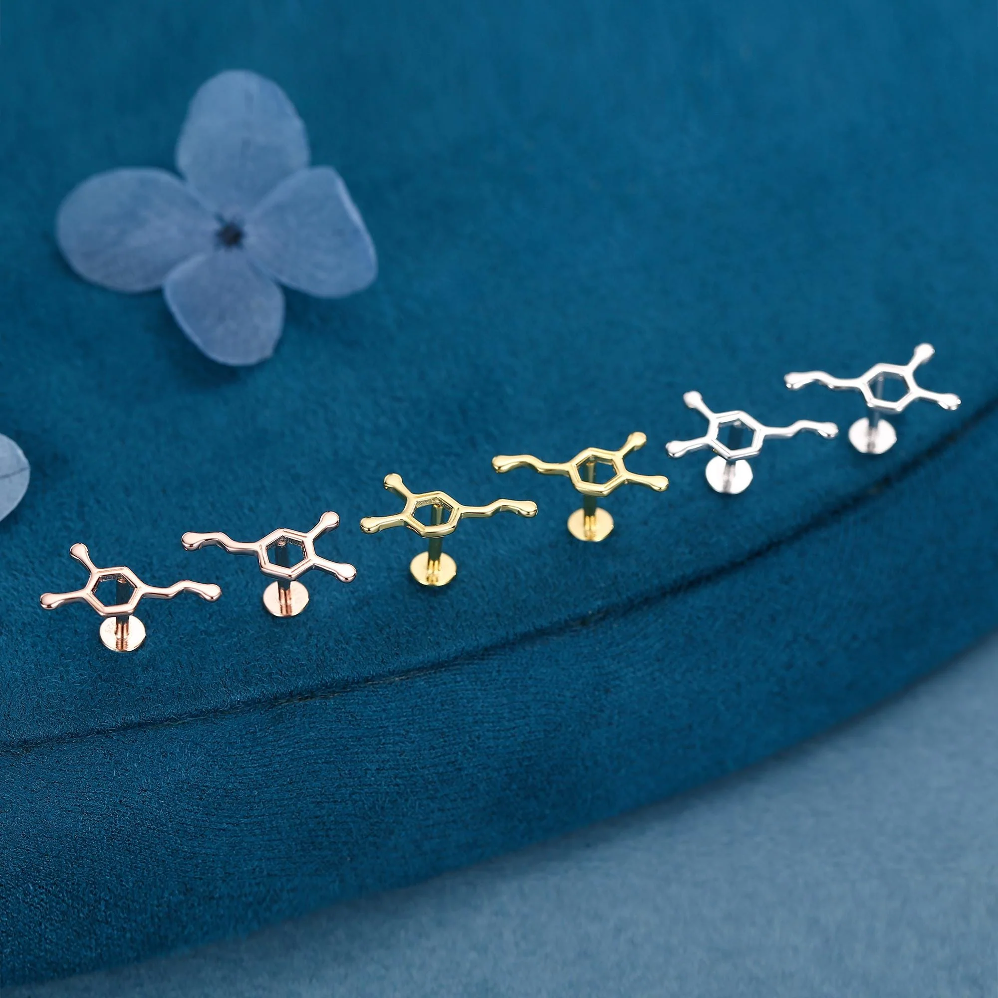 Happiness Molecules Dopamine 16G Flat Back Labret Earrings in Sterling Silver - Image 6