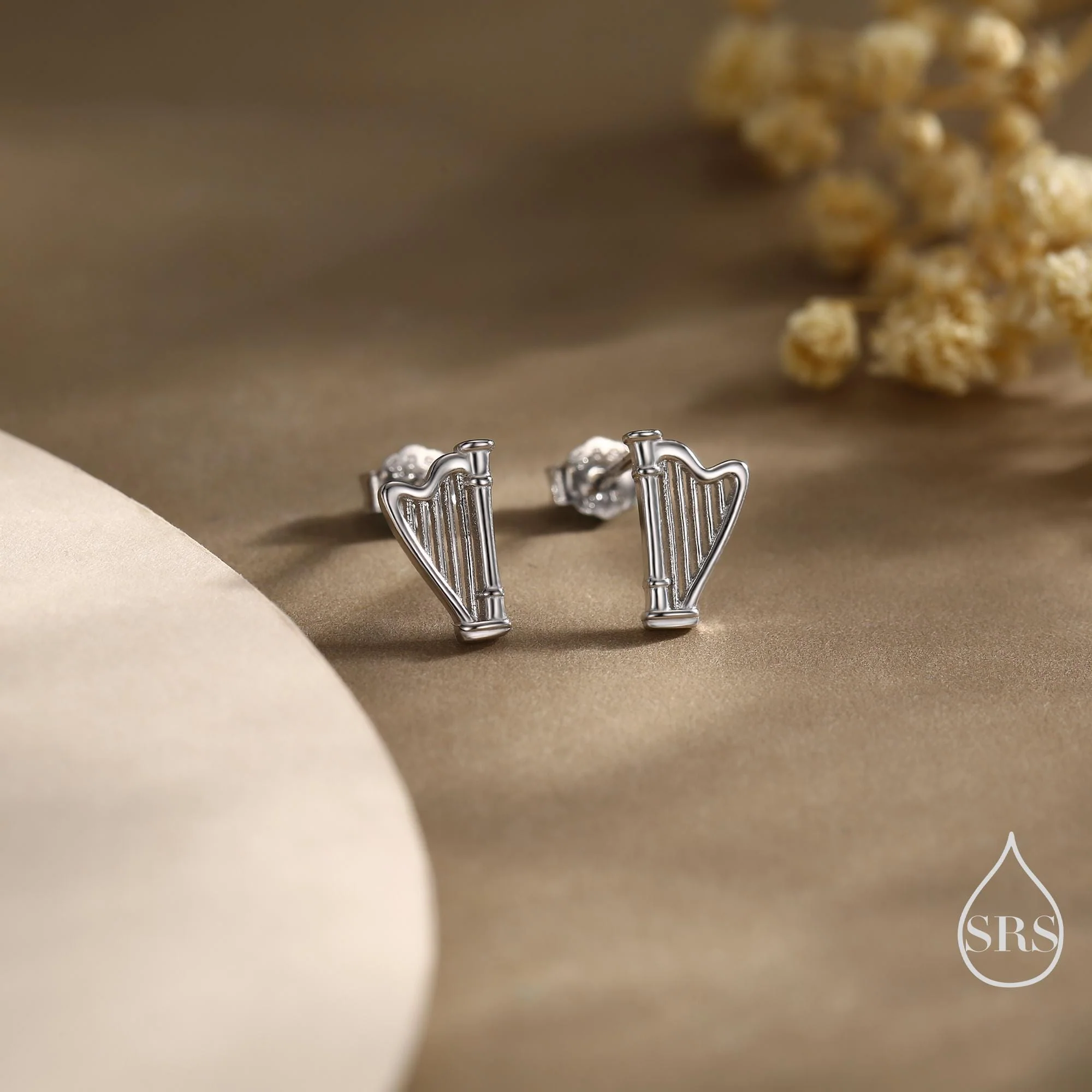 Harp Stud Earrings in Sterling Silver, Silver, or Gold or Rose Gold, Silver Harp Stud Earrings, Fun Musical Instrument Earrings - Image 2