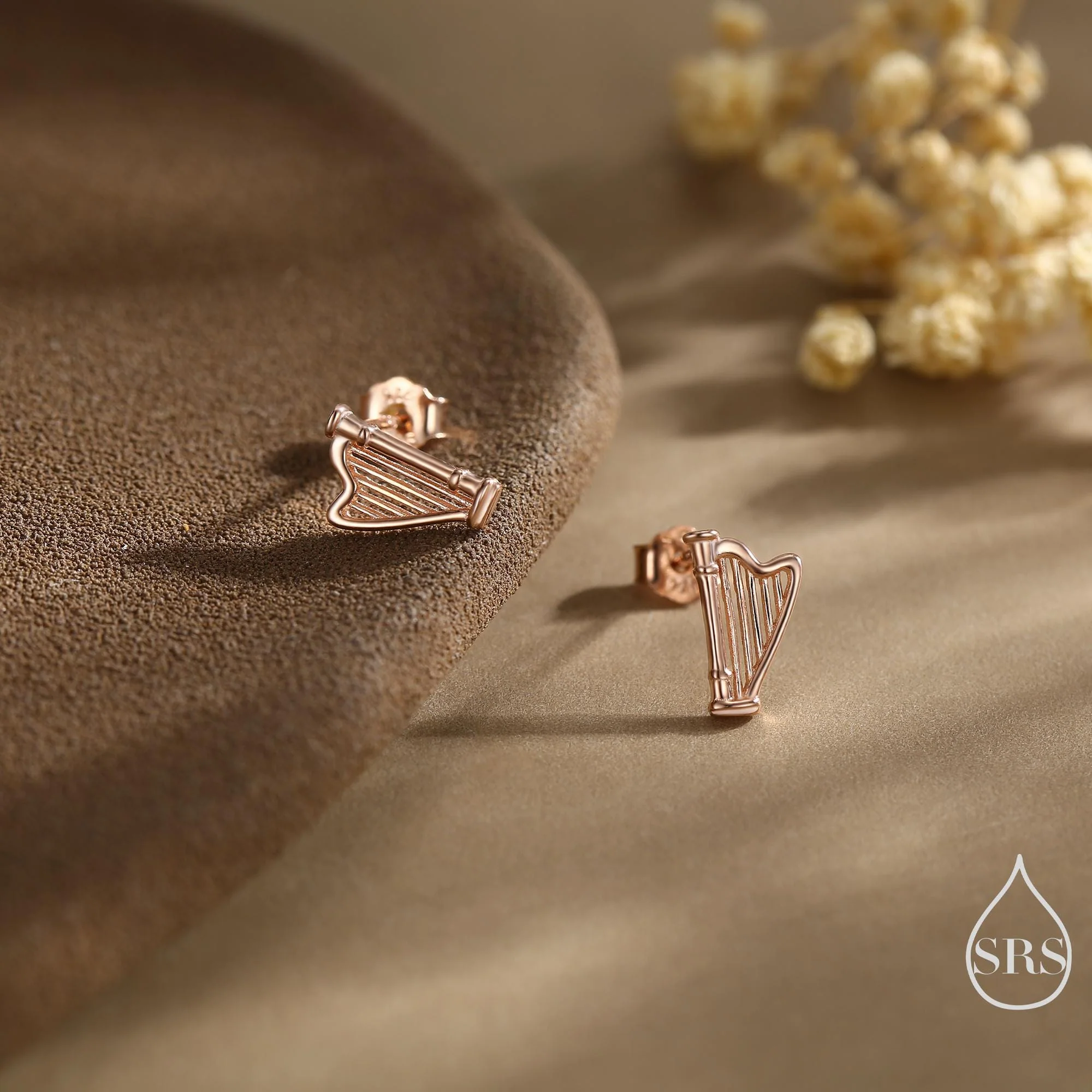 Harp Stud Earrings in Sterling Silver, Silver, or Gold or Rose Gold, Silver Harp Stud Earrings, Fun Musical Instrument Earrings - Image 5