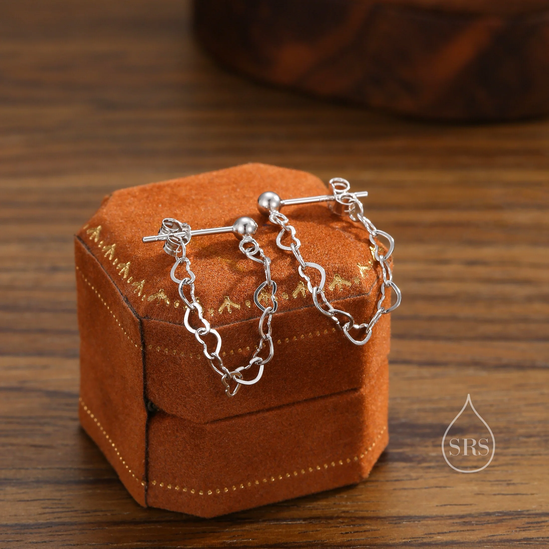 Heart Chain Stud Earrings in Sterling Silver, Silver or Gold, Tiny Ear Jacket, Dainty Jewellery - Image 5
