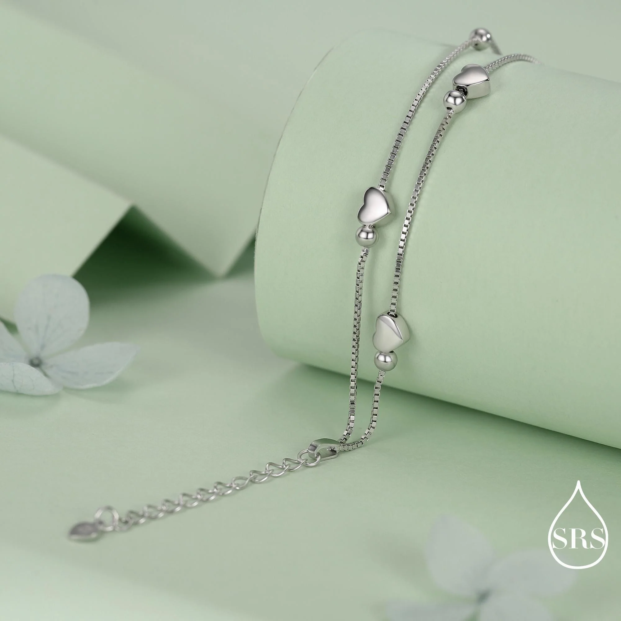 Heart Charm Bracelet in Sterling Silver, Solid Sterling Silver Heart Bracelet, Double Layer Heart Bracelet - Image 3
