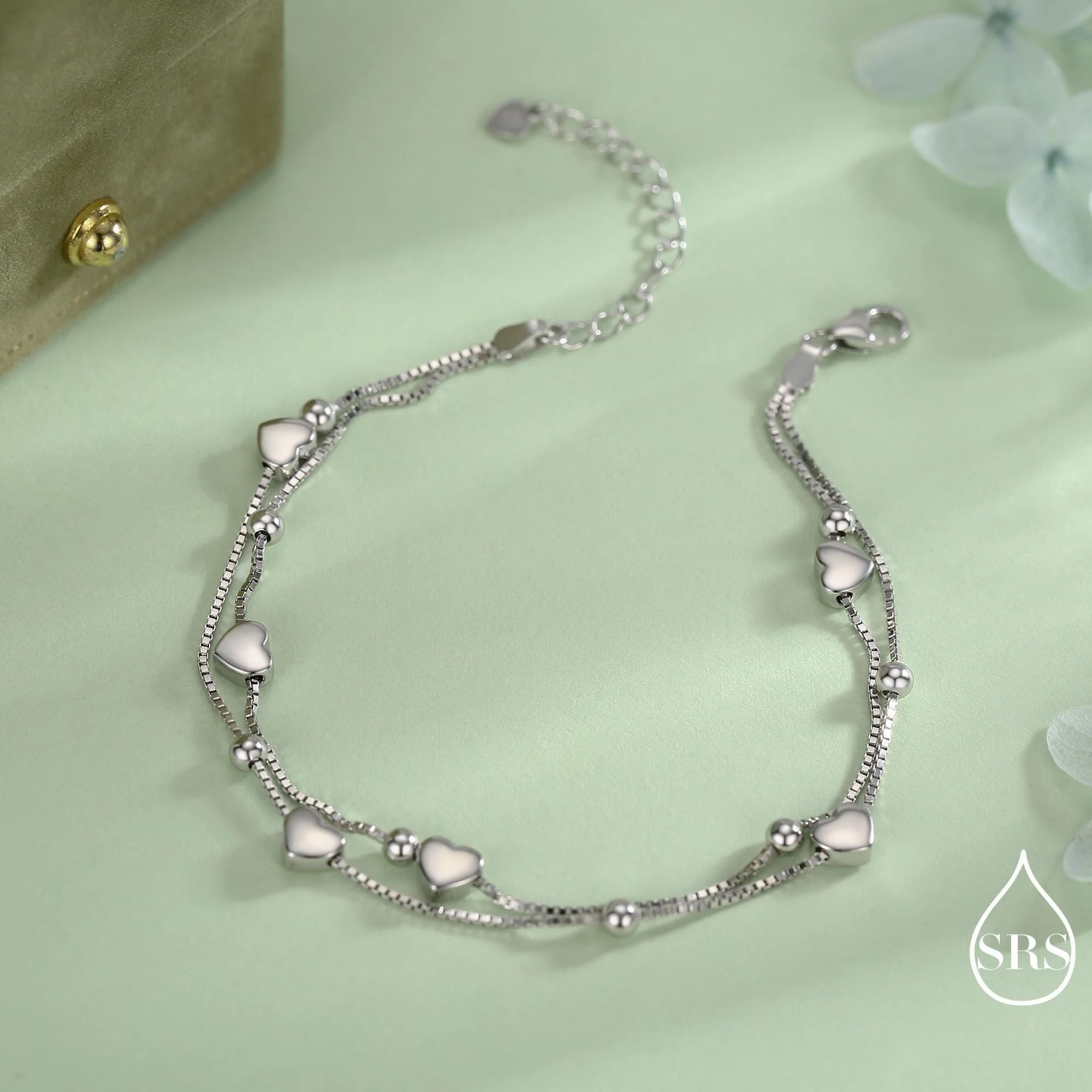 Heart Charm Bracelet in Sterling Silver, Solid Sterling Silver Heart Bracelet, Double Layer Heart Bracelet - Image 4
