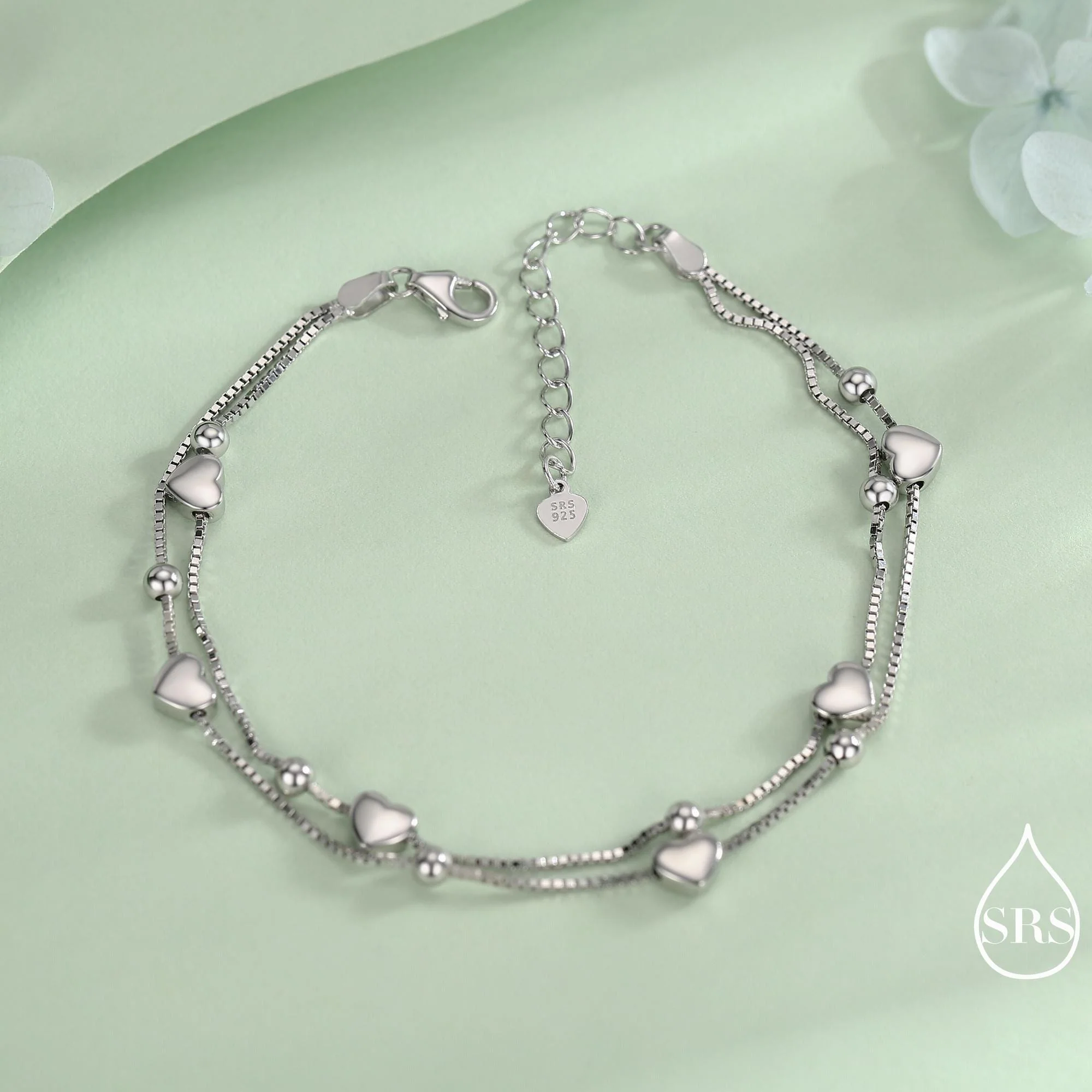 Heart Charm Bracelet in Sterling Silver, Solid Sterling Silver Heart Bracelet, Double Layer Heart Bracelet - Image 5