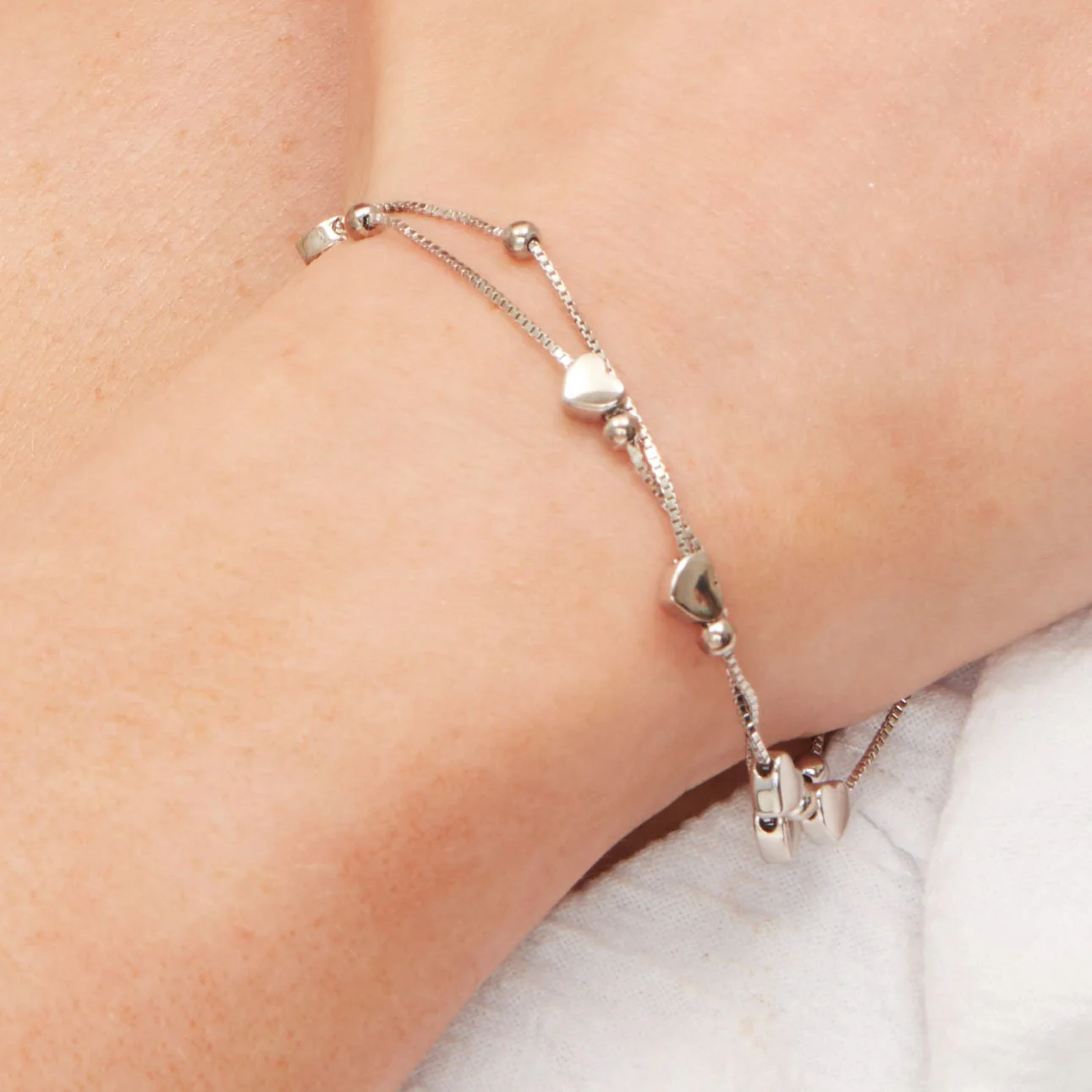 Heart Charm Bracelet in Sterling Silver, Solid Sterling Silver Heart Bracelet, Double Layer Heart Bracelet - Image 6