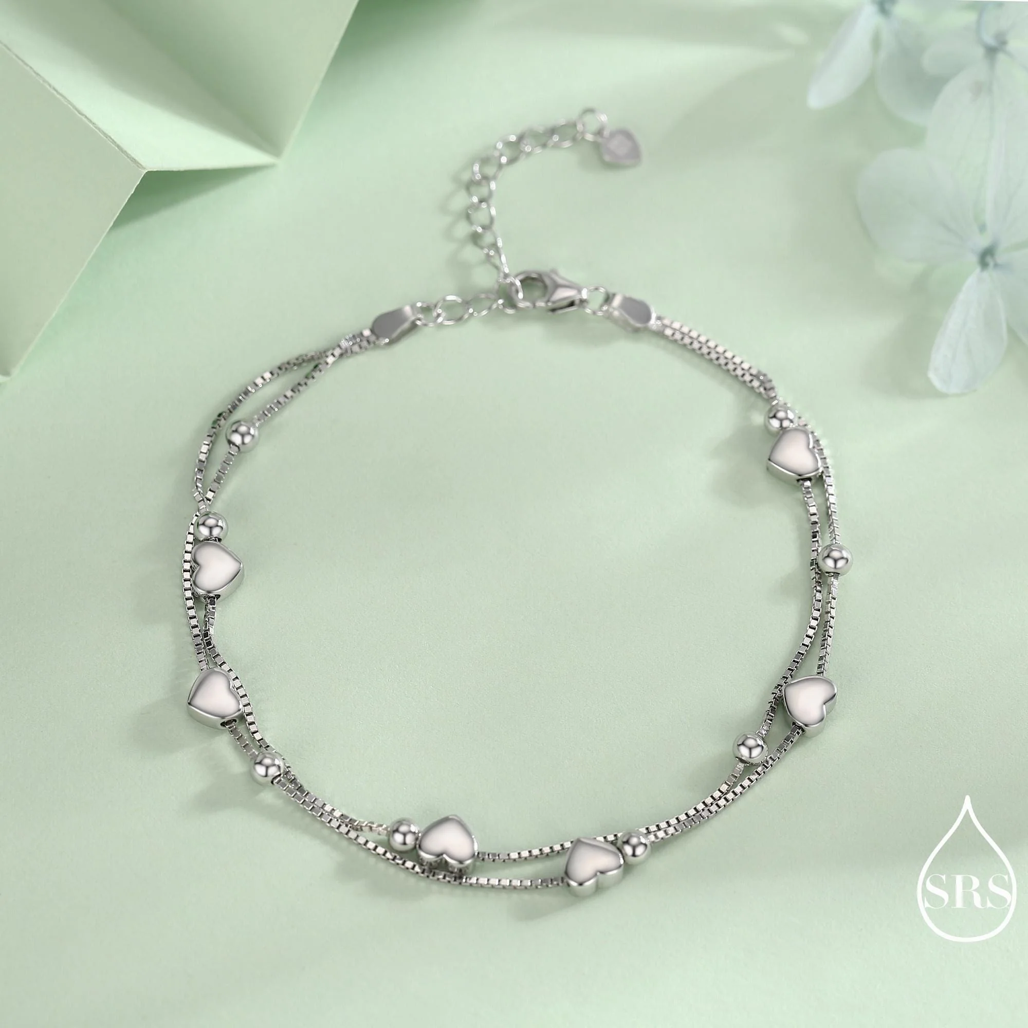 Heart Charm Bracelet in Sterling Silver, Solid Sterling Silver Heart Bracelet, Double Layer Heart Bracelet - Image 8