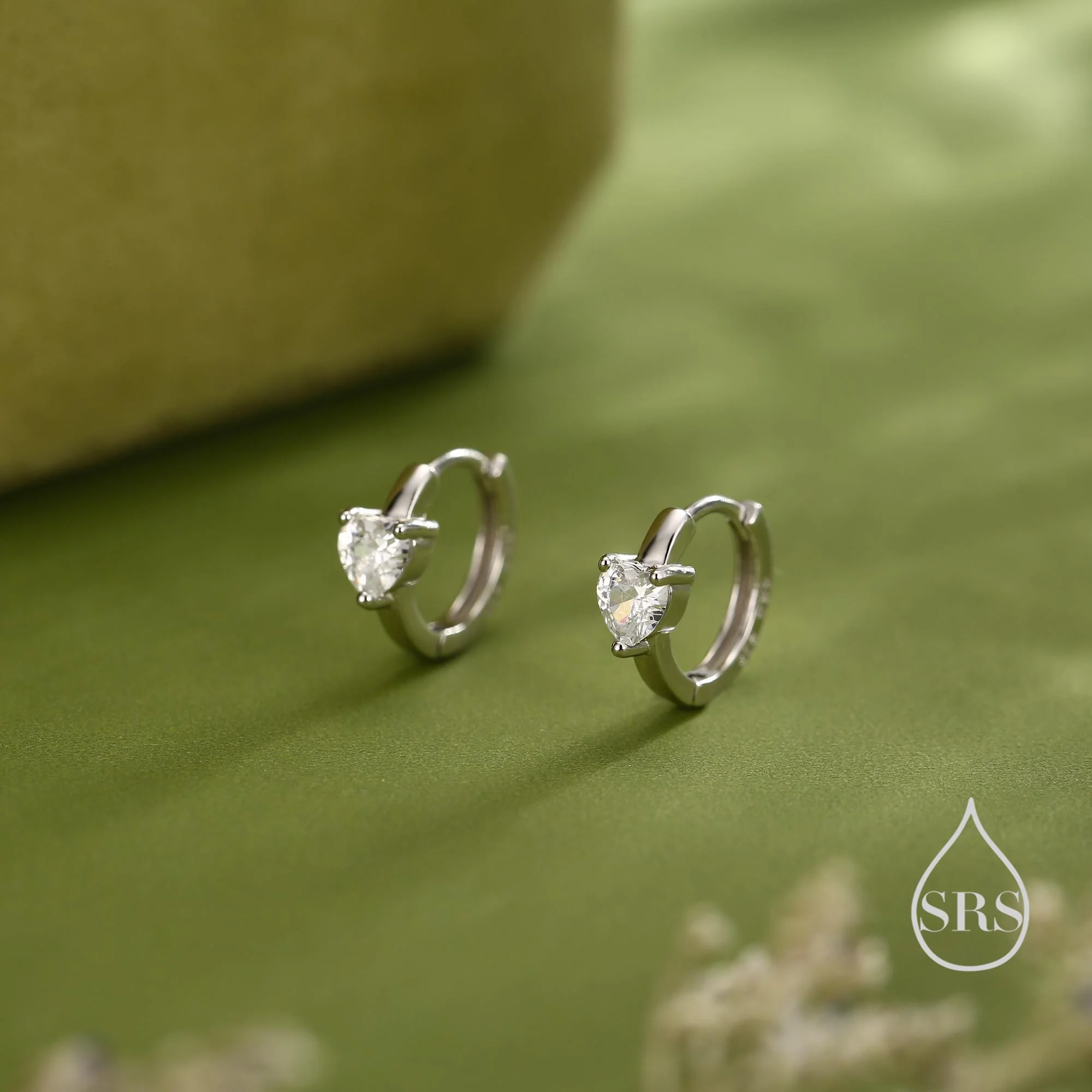 Heart CZ Huggie Hoop in Sterling Silver, Silver or Gold, 8mm Inner Diameter, Stacking Earrings