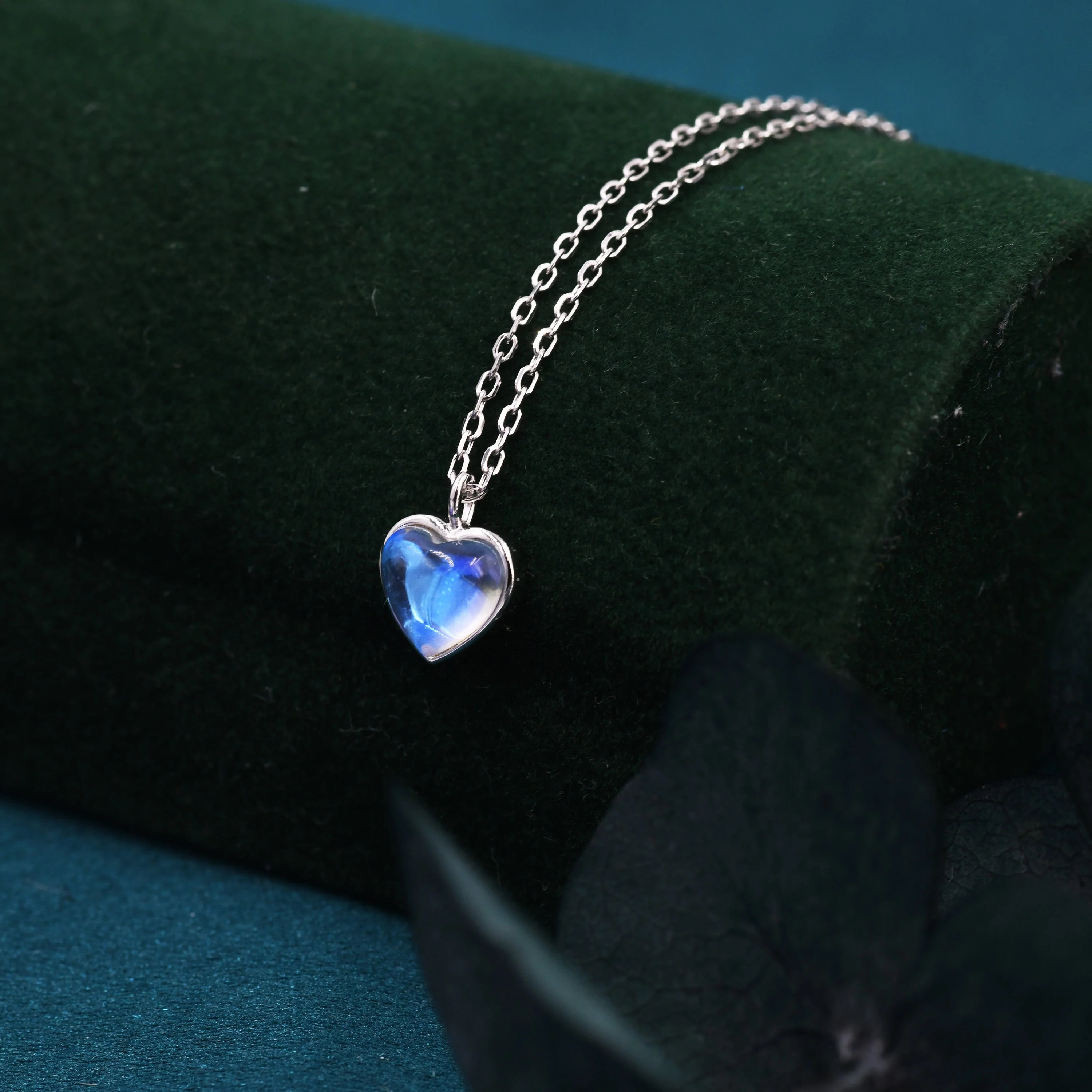 Heart Moonstone Pendant Necklace in Sterling Silver, Moonstone Necklace, Heart Shape Moonstone Necklace, Aurora Crystal, AB Crystal - Image 3