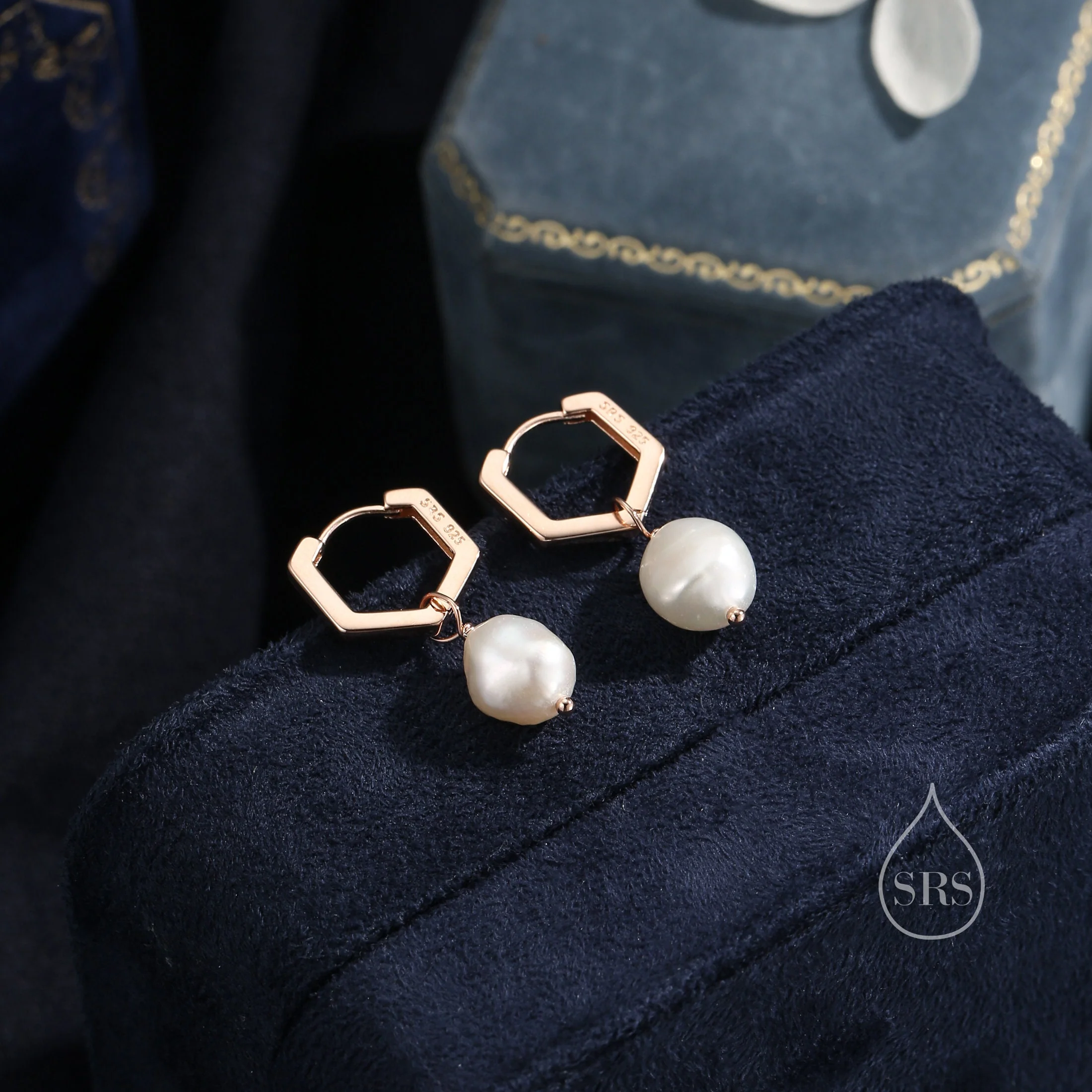 Hexagon Hoops with Dangling Baroque Pearl Drop Earrings in Sterling Silver, Silver or Gold or Rose Gold, Keshi Pearl Earrings, Pearl Hoops - Image 5