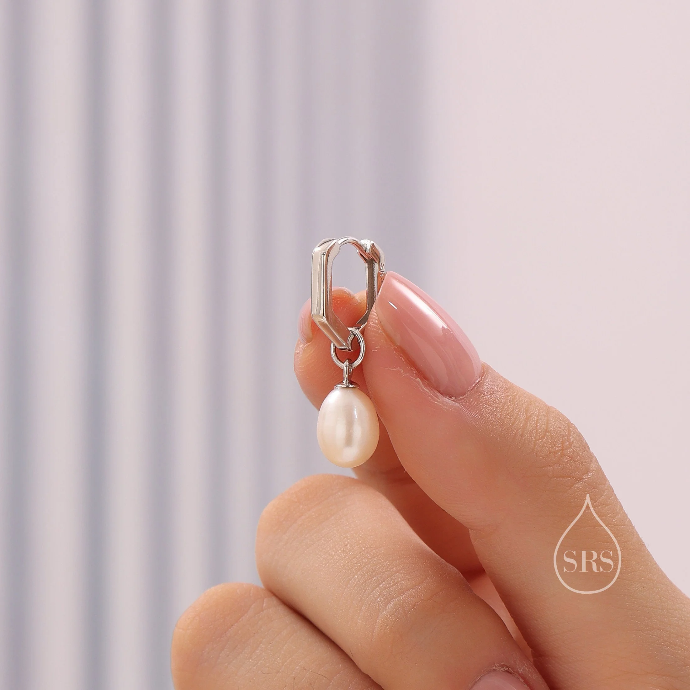 Hexagon Hoops with Dangling Oval Pearl Drop Earrings in Sterling Silver, Silver or Gold or Rose Gold, Keshi Pearl Earrings, Pearl Hoops - Image 3