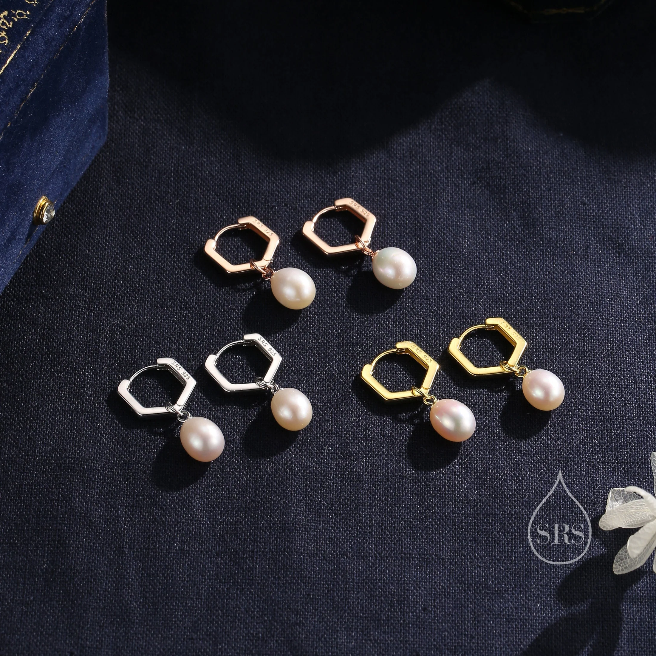 Hexagon Hoops with Dangling Oval Pearl Drop Earrings in Sterling Silver, Silver or Gold or Rose Gold, Keshi Pearl Earrings, Pearl Hoops - Image 6