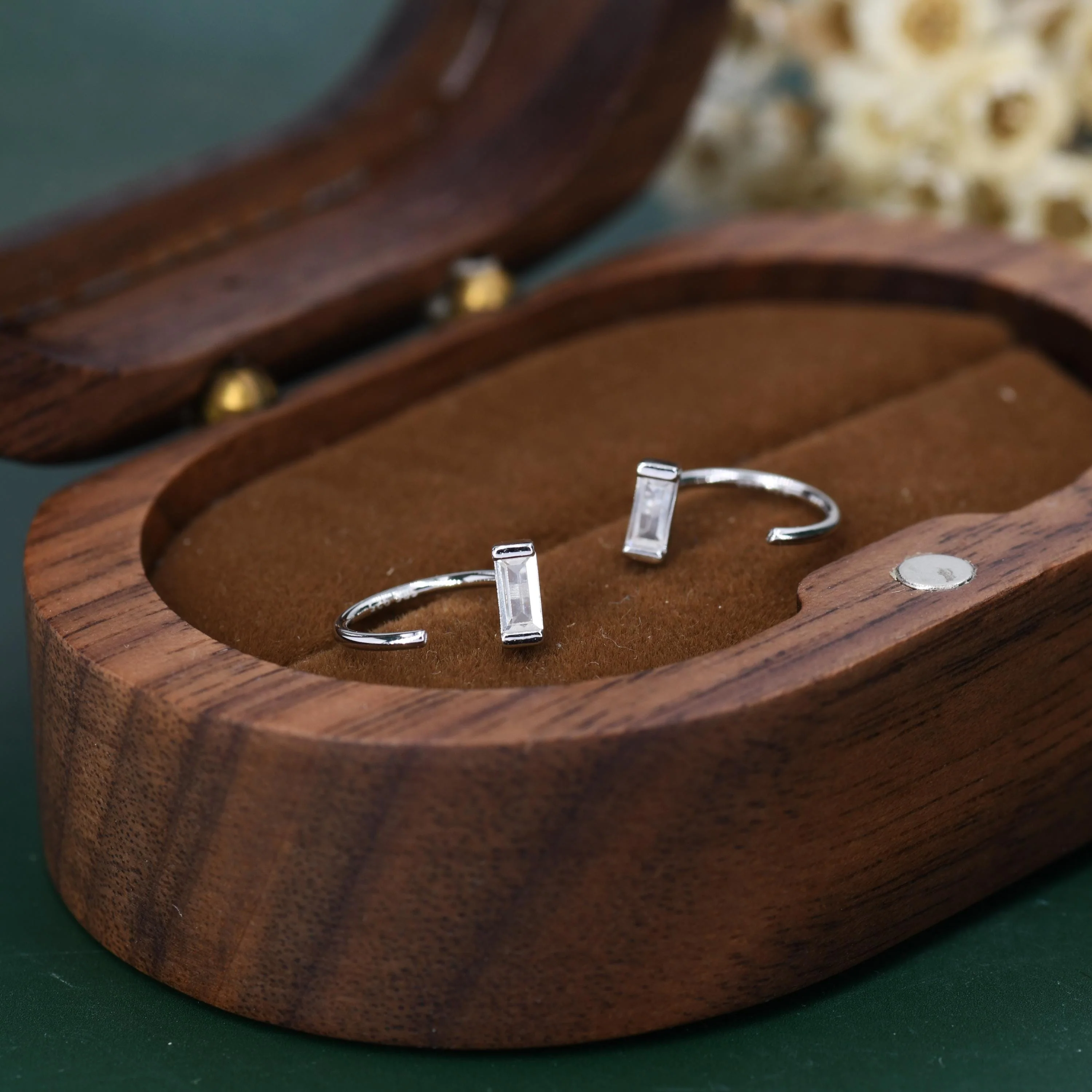 Horizontal Baguette Cut CZ Huggie Hoop Earrings in Sterling Silver, Silver or Gold, Open Hoops, Pull-Through Threader Earrings - Image 2