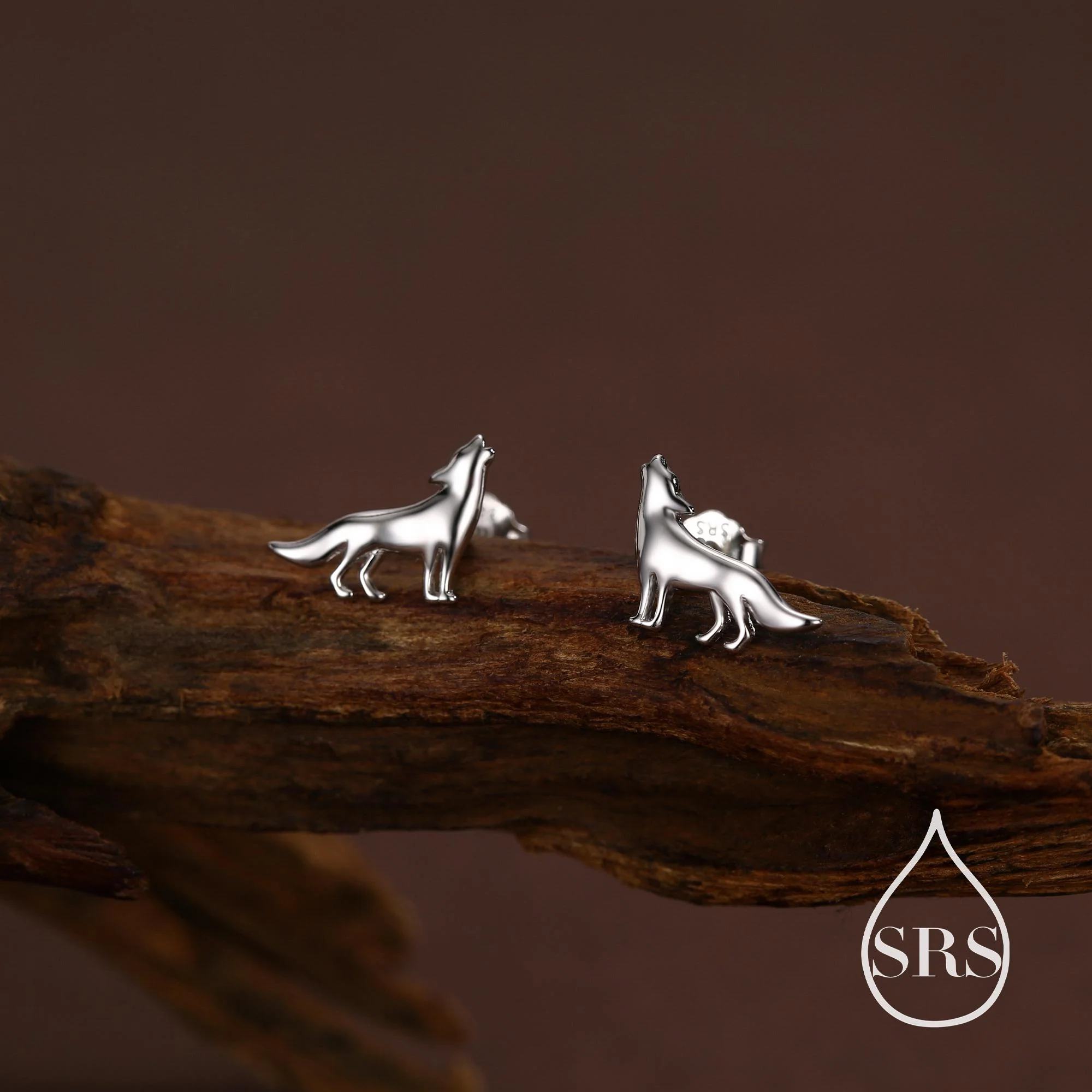 Howling Wolf Stud Earrings in Sterling Silver, Silver or Gold, Wolf Earrings, Nature Inspired Animal Earrings