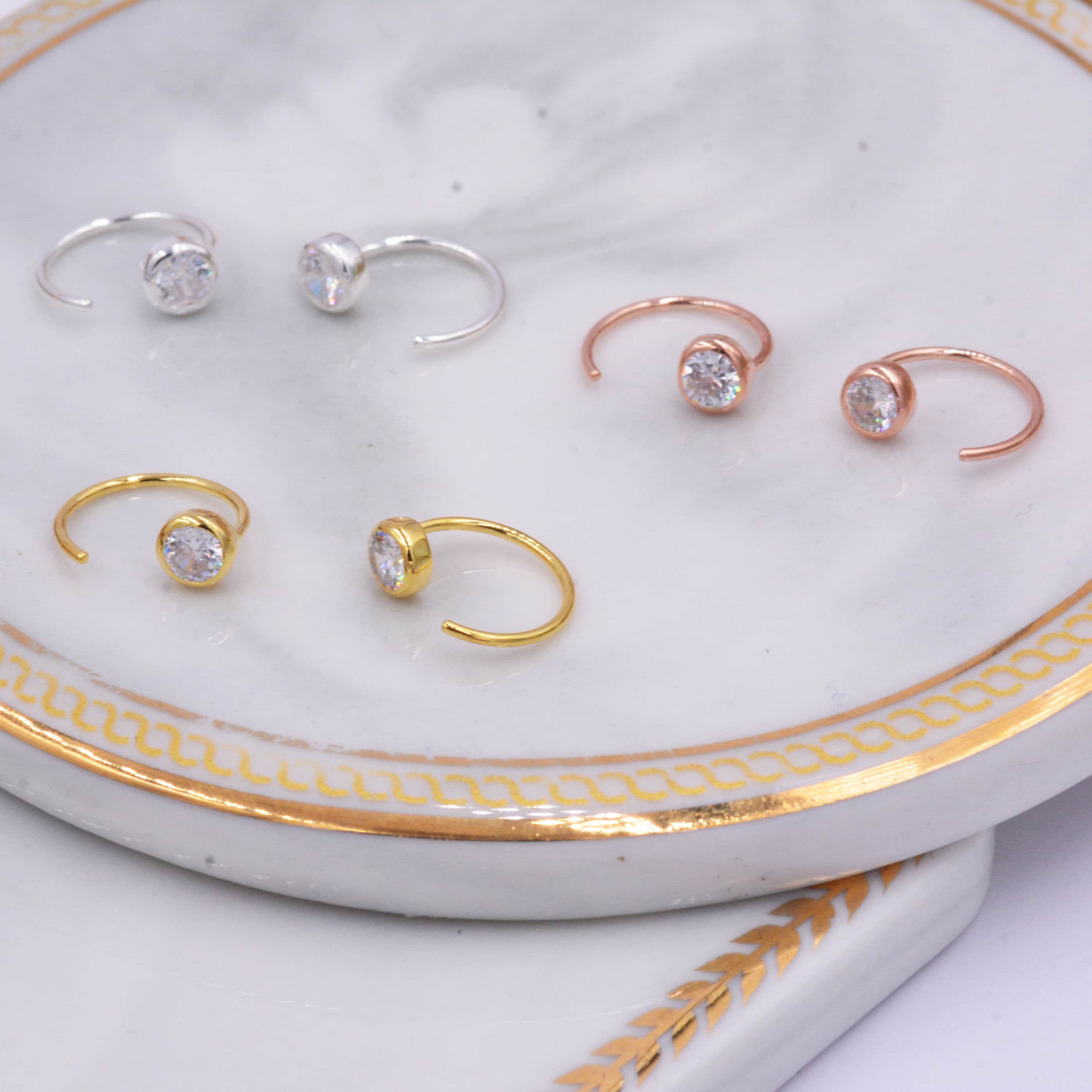 Huggie Hoop Earrings in Sterling Silver, Sparkly CZ Crystals (Lab Diamond), Pull Through Earrings Minimalist Geometric Design, - Image 3
