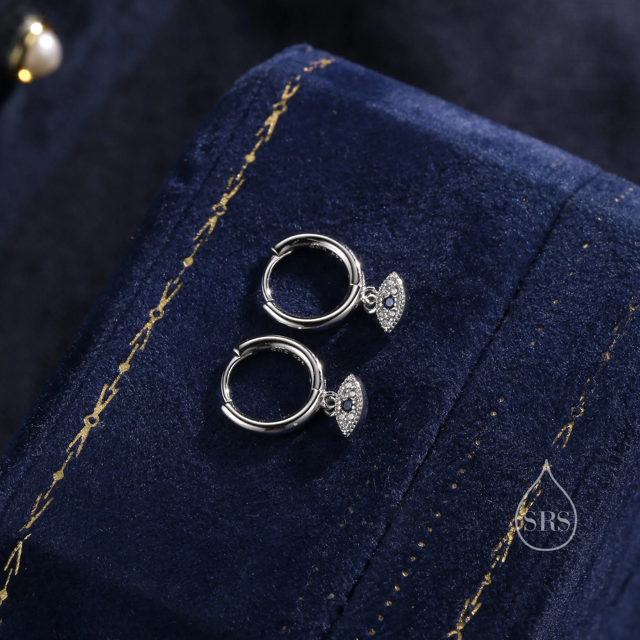 Huggie Hoop Earrings in Sterling Silver with Evil Eye Protection Charm, Hoop Earrings, Dangling, Fatima Hand - Image 4