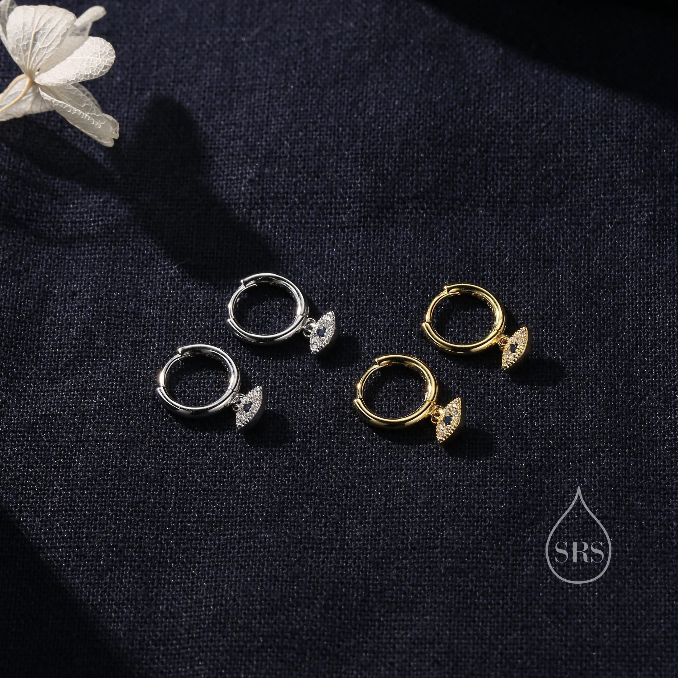 Huggie Hoop Earrings in Sterling Silver with Evil Eye Protection Charm, Hoop Earrings, Dangling, Fatima Hand - Image 6