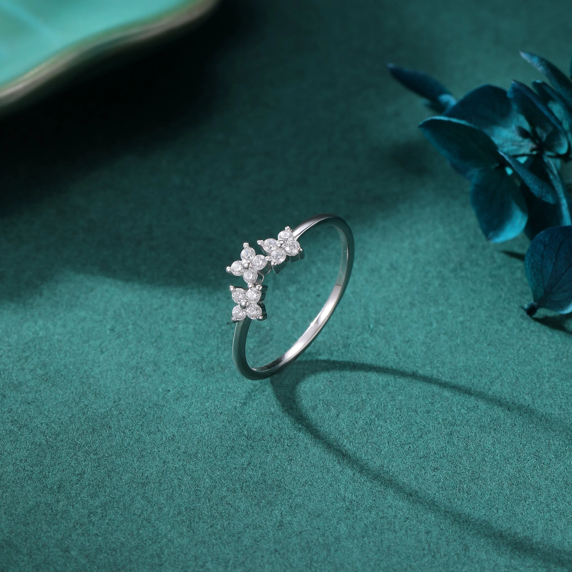 Hydrangea Bouquet CZ Flower Ring in Sterling Silver, US Size 5 -8, Four Crystal Flower Ring, Tiny CZ Ring - Image 5
