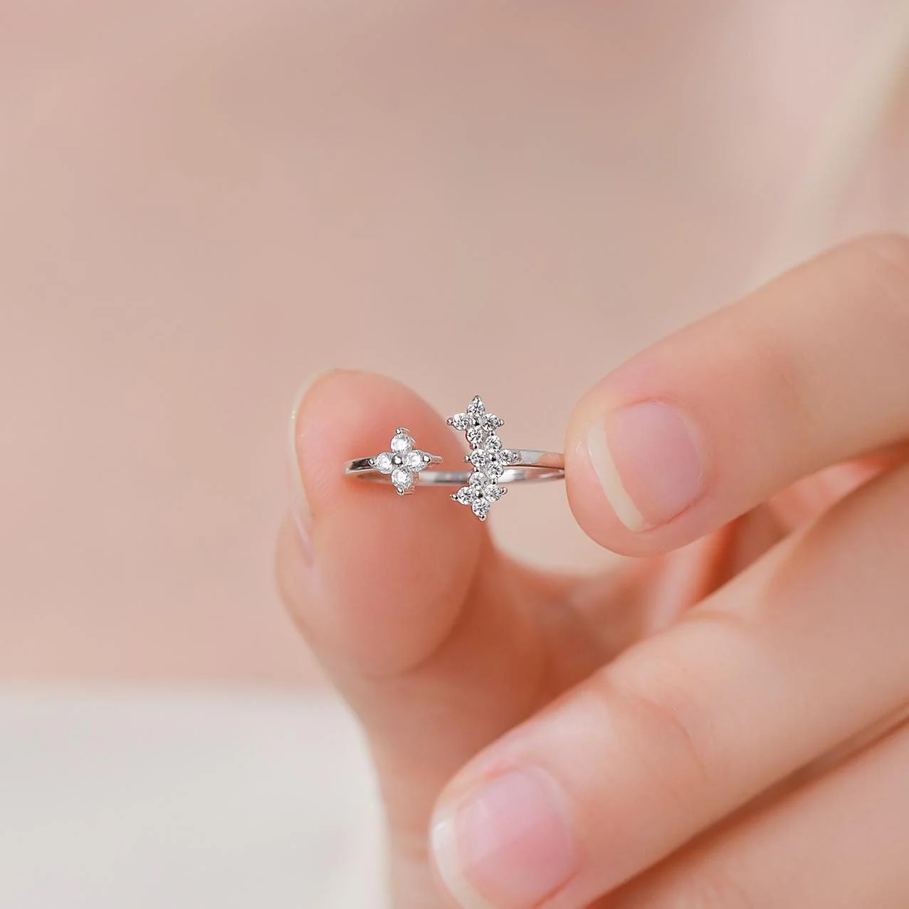 Hydrangea Flower Bouquet CZ Flower Ring in Sterling Silver, Open Ring, Adjustable Size, Four Crystal Flower Ring, Tiny CZ Ring - Image 2