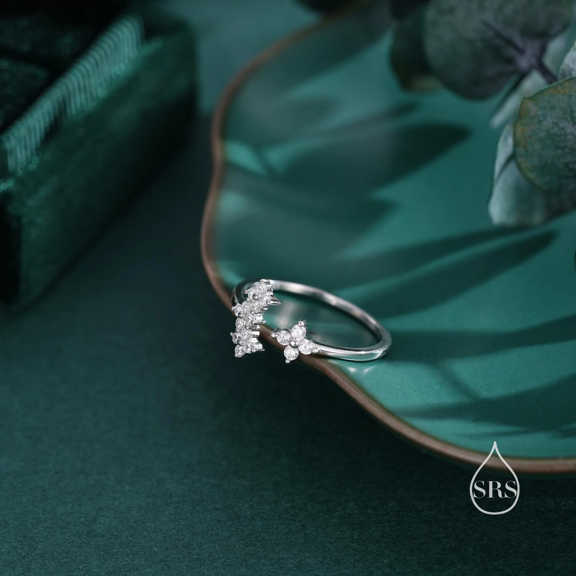 Hydrangea Flower Bouquet CZ Flower Ring in Sterling Silver, Open Ring, Adjustable Size, Four Crystal Flower Ring, Tiny CZ Ring - Image 6