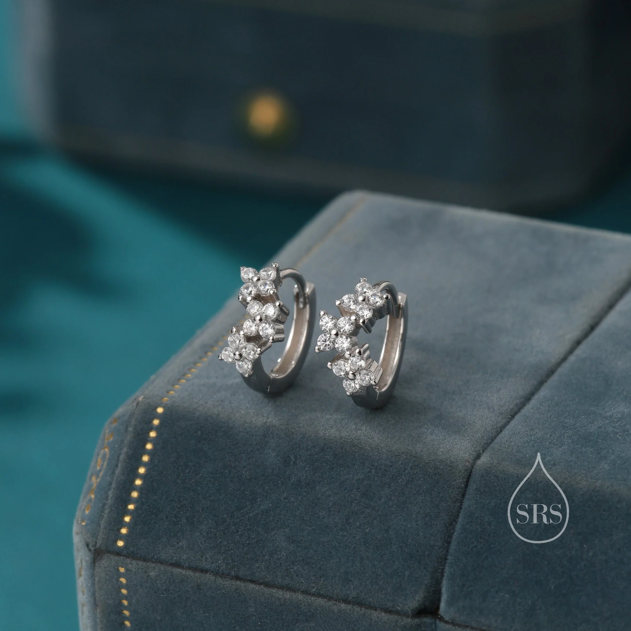 Hydrangea Flower Bouquet CZ Huggie Hoop Earrings in Sterling Silver, Silver or Gold or Rose Gold, CZ Hoops, Flower Hoops, Dainty CZ Hoops - Image 2